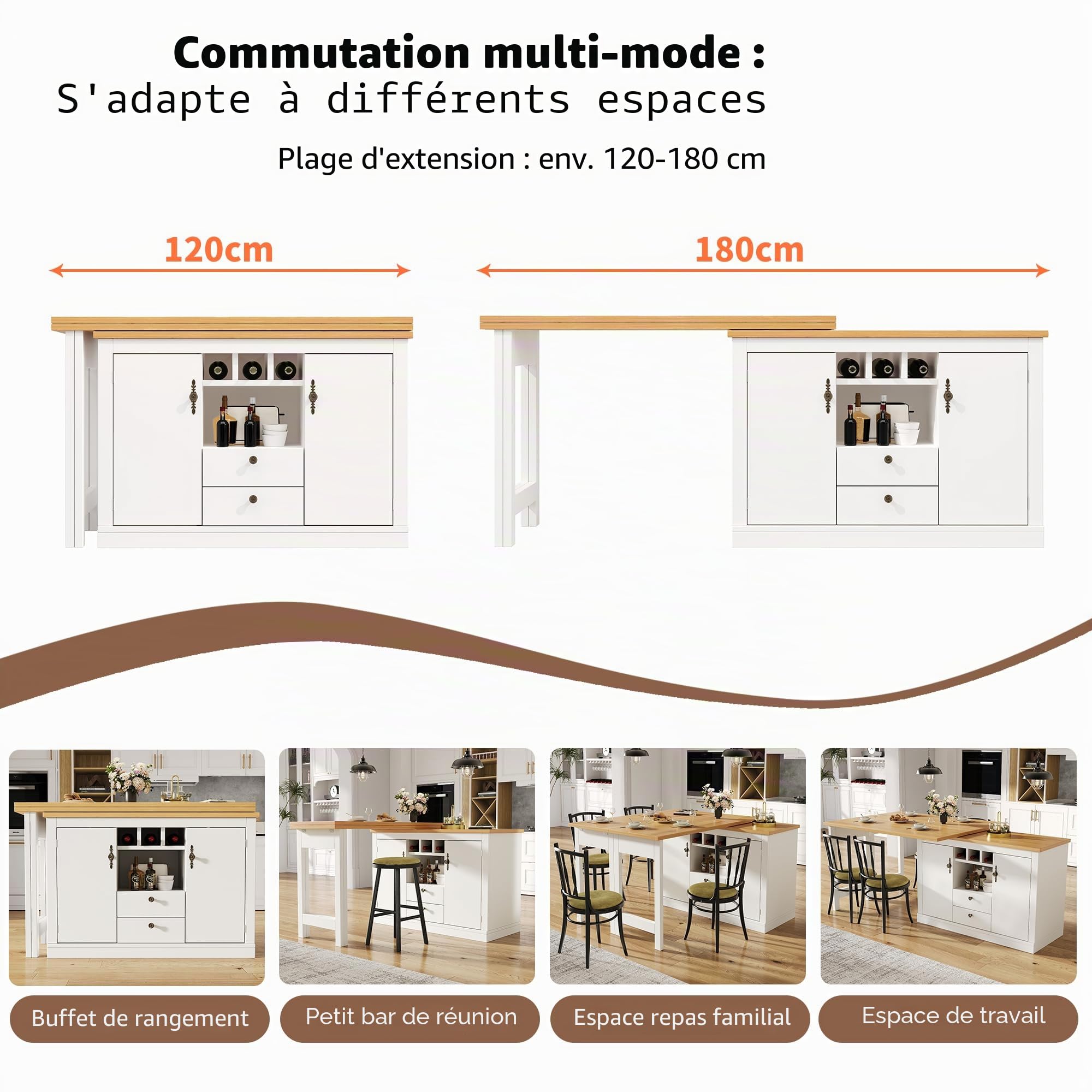 Table de bar rétractable de haute qualité avec fonction pivotante à 360° et espace de rangement, longueur réglable 120-180 cm, salon, salle à manger, table de bar rétractable (naturel + blanc)
