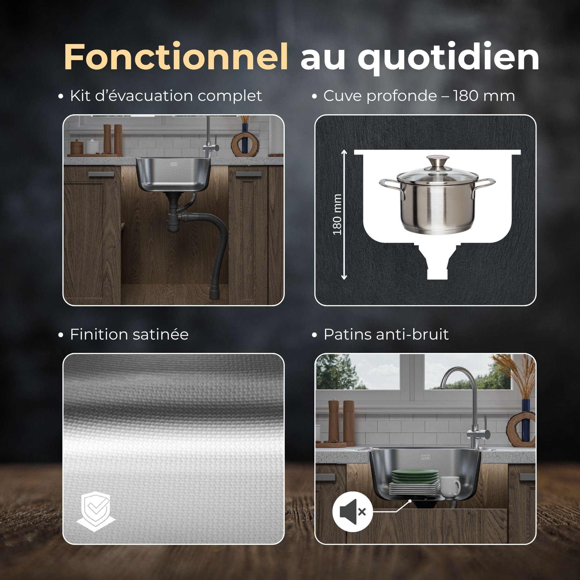 ANW HOME Evier Cuisine 50x40 cm, Evier Inox 1 Bac à Encastrer, Finition Anti-Rayures, Épaisseur 1 mm, avec Siphon