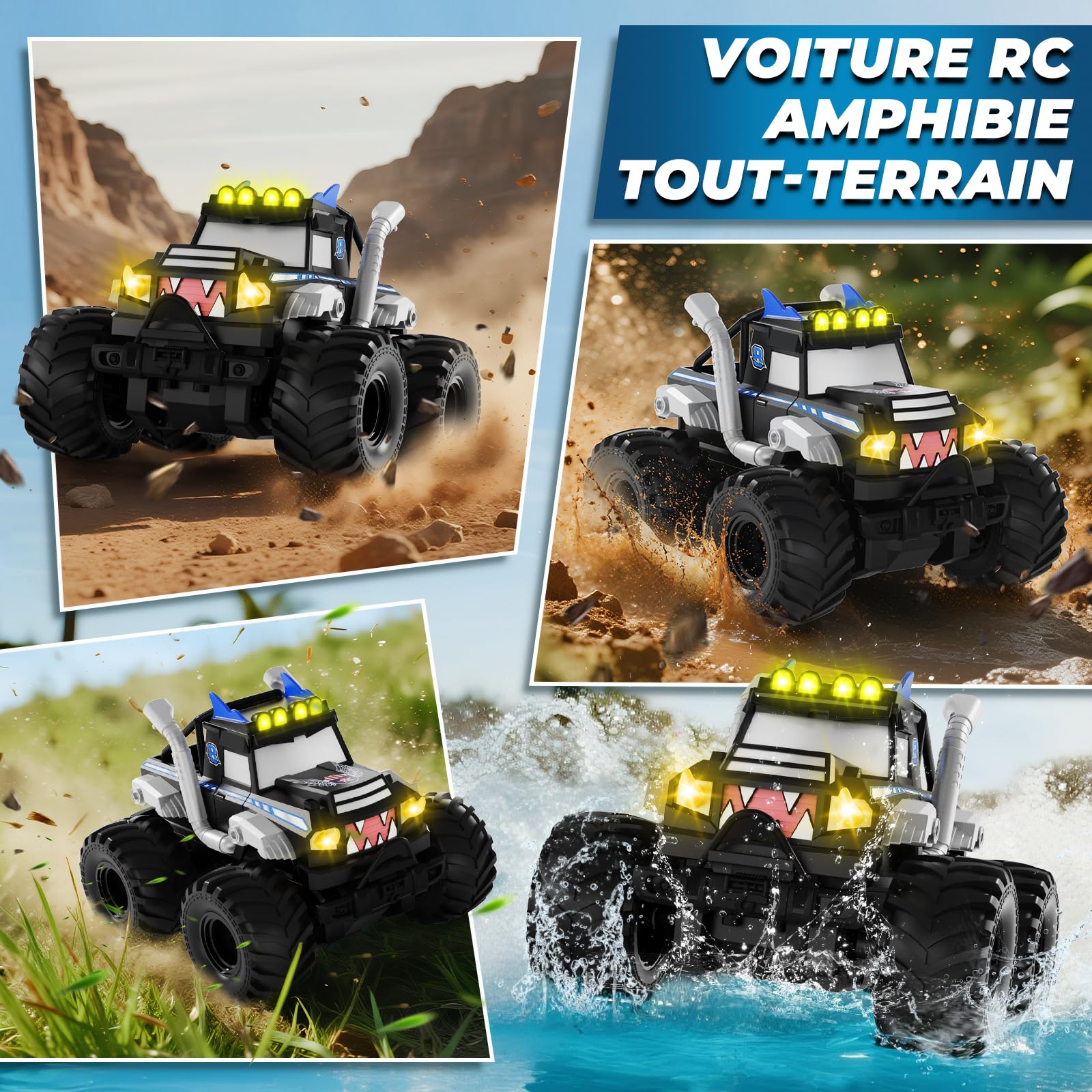 Voiture Télécommandée Tout Terrain Amphibie，2.4GHz Voiture Télécommandée Enfant, 4x4 télécommandée tout terrain, Monstertruck RC avec 360° Drift, Jouet Cadeau pour Garçon Fille 6 ans et plus (Bleu)