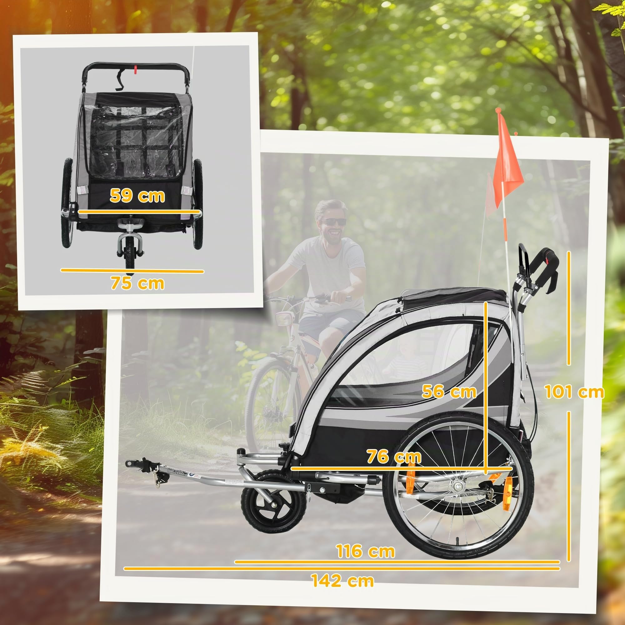 HOMCOM 2 in 1 Kinderfahrradanhänger, Kinderanhänger, Fahrradanhänger mit Mesh-Tür, 360° Drehbares Vorderrad, Buggy mit Bremse, Anhänger, 142 x 75 x 101 cm