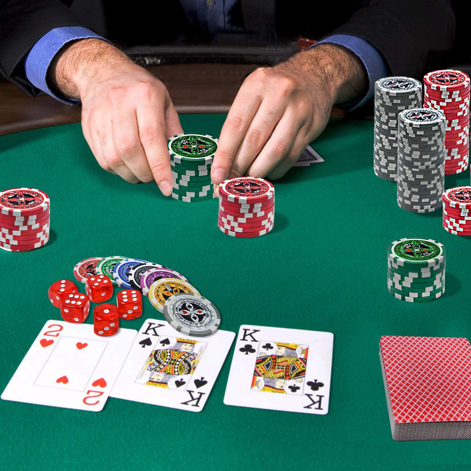 YUENFONG zestaw do pokera, czarny, z 500 wysokiej jakości żetonami do pokera, w zestawie 2 talie do pokera, 1 przycisk dealera, 5 kości, 2 klucze, na imprezy, podróże, gry