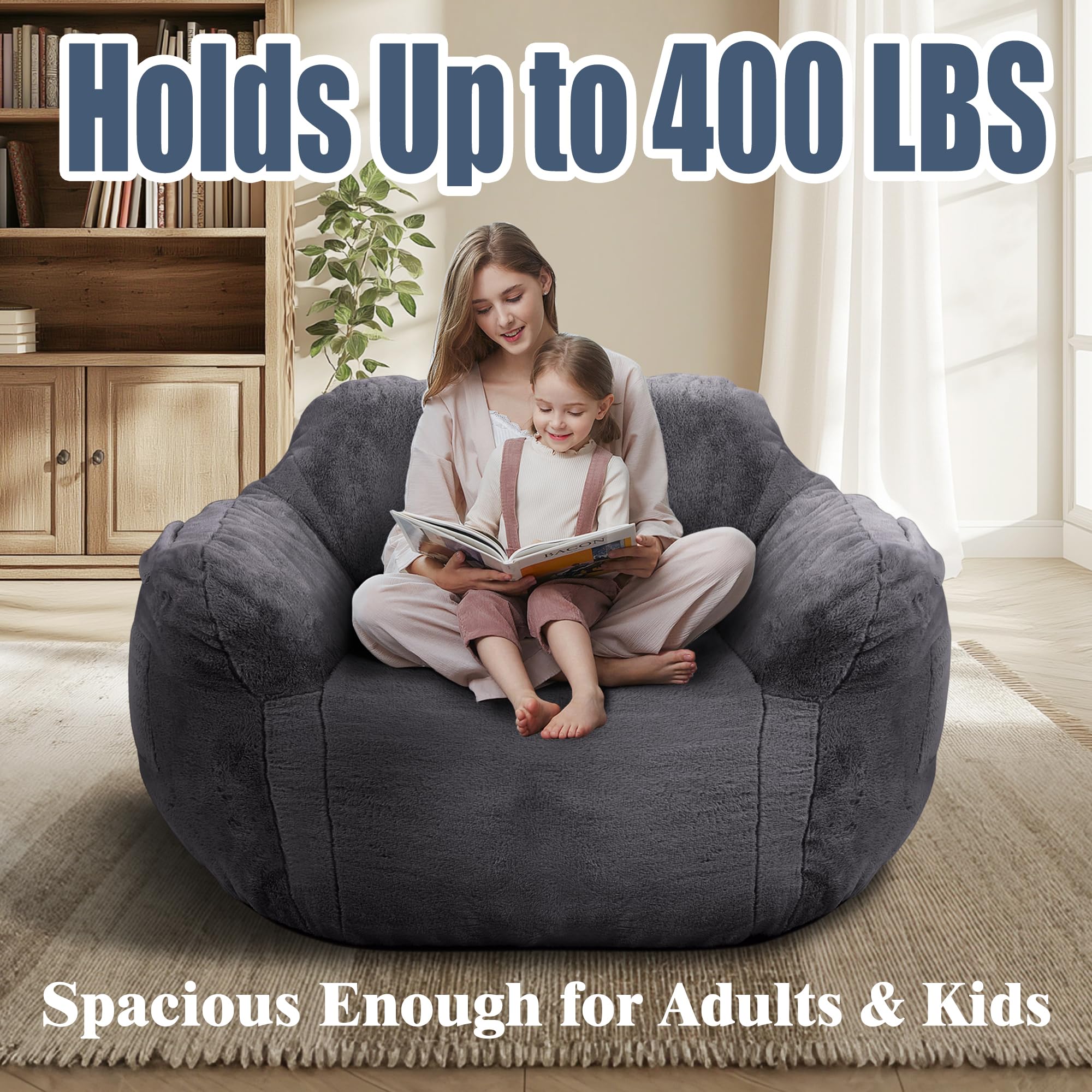 Thoustars Large Bean Bag Chairs for Adults - Oversized Memory Foam Filled Bean Bag Sofa | Fluffy Adult Bean Bag Chair, Big Bean Bag Chairs for Living Room, Bedroom & Dorm - Dark Gray