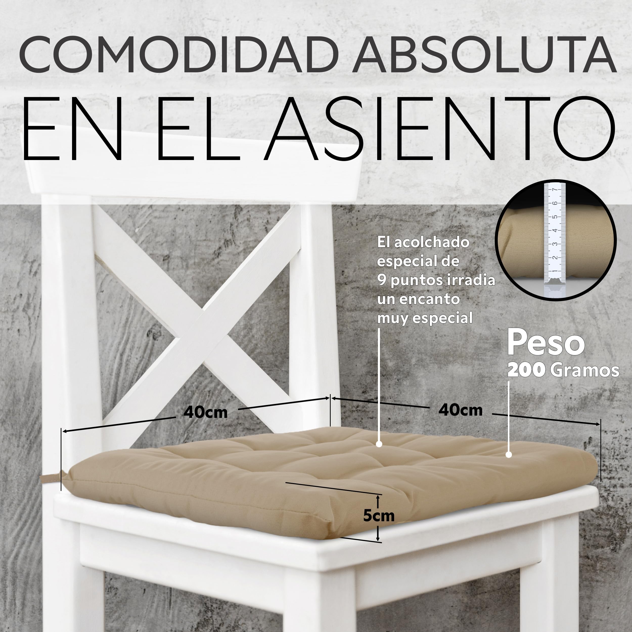 Brandsseller Juego de 4 Cojín de Asiento 40x40 cm Cojín para Silla Colchoneta para Silla con Correas de Sujeción Cojín Decorativo para Interior y Exterior Acolchado - Taupé