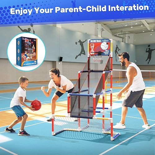Miniatura 8 de EagleStone Juego de arcos de baloncesto para niños para interiores 53 pies de alto con portería de fútbol mini aro con marcador electrónico 4 bolas
