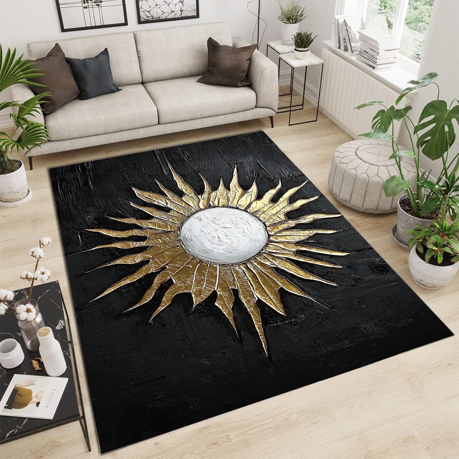 Tapis de salon antidérapant texture soleil abstrait lueur dorée doux