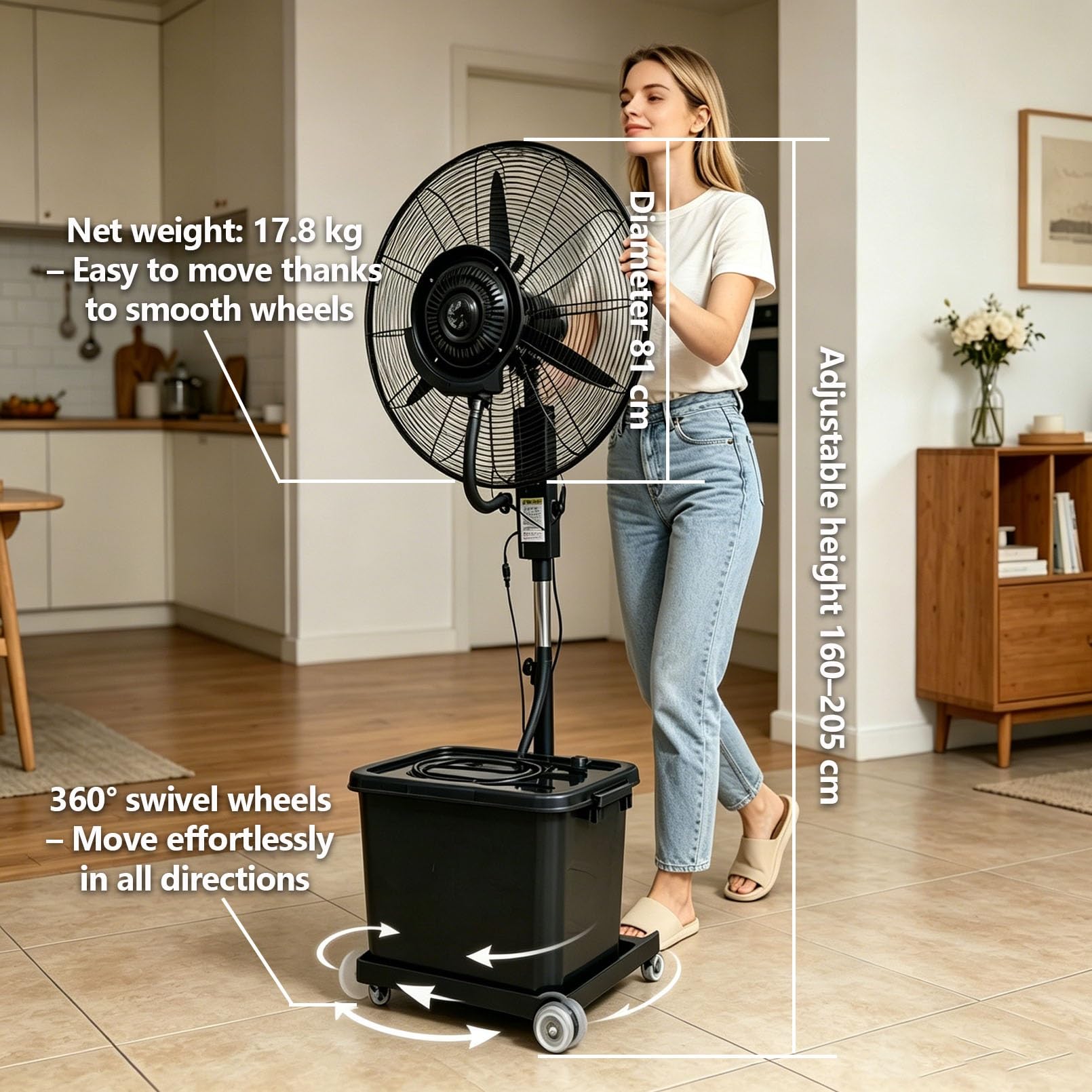 Wentylator Stojący z Mgiełką dla Restauracji | Zbiornik 42L, oscylacja 90°, 3 prędkości – Perfekcyjny do stołówek, kantyn, cateringu.(⌀81cm)