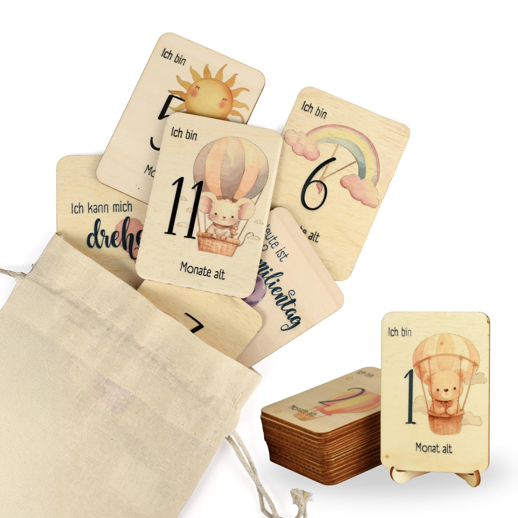 Baby Meilensteinkarten Holz – 16 eckige Karten (32 Motive) – sanfte Pastellfarben, modernes Design – Monatskarten & besondere Erinnerungen (Joy)