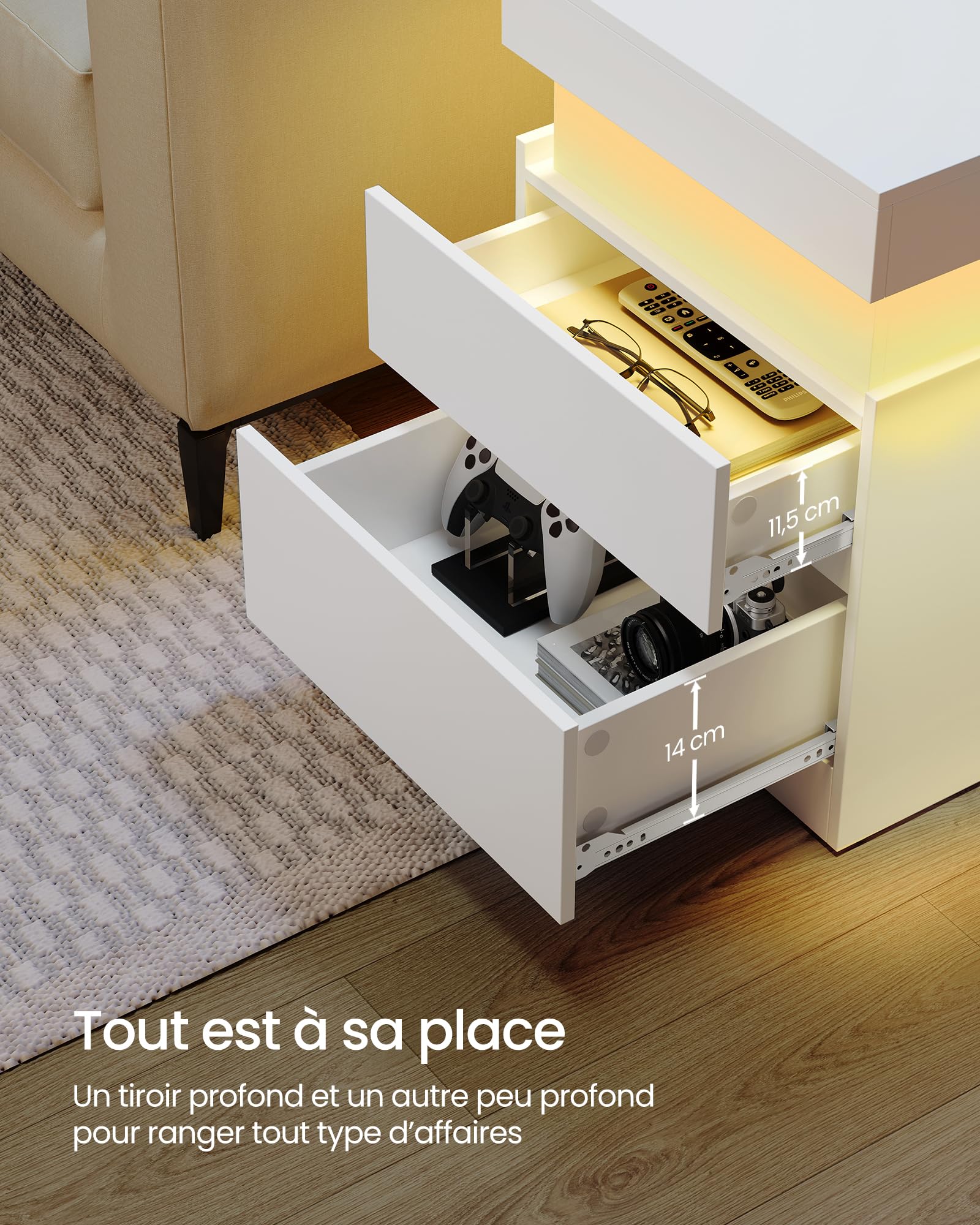 VASAGLE Kailyn Collection - Table de Chevet, Lot de 2, avec Multiprise, Couvercle Coulissant, 2 Tiroirs, Bande LED, Petite Table d’Appoint, Style Moderne, 35 x 40 x 55 cm, Blanc Neige LET840WB01