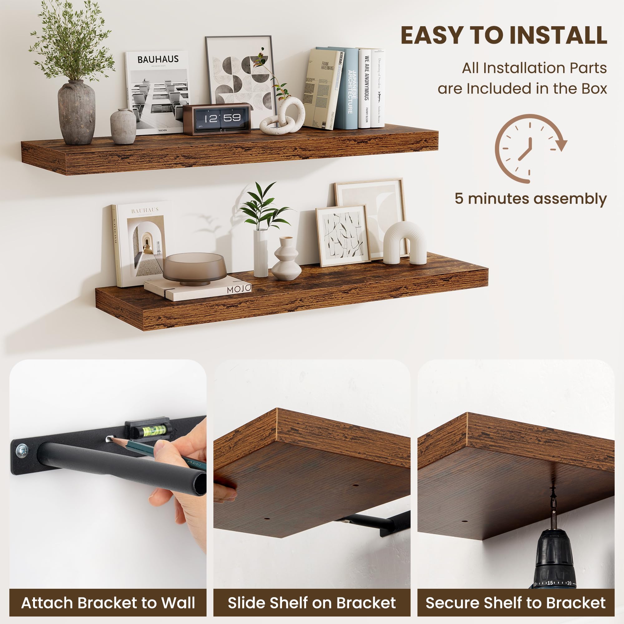 Fun Memories Estantes flotantes para pared de 36 pulgadas, estantes de pared de madera con soporte invisible, estantes de 10 pulgadas de profundidad montados en la pared, estantes flotantes grandes