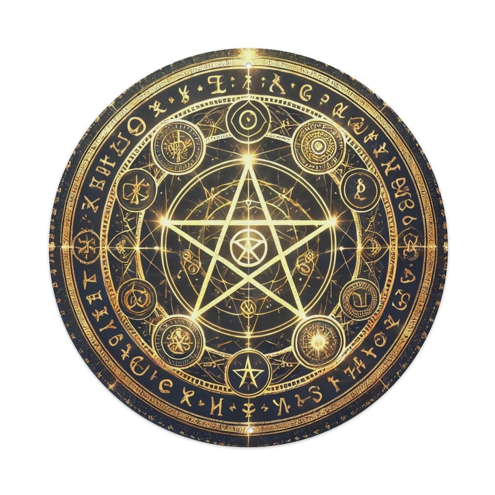 Golden Pentagram Symbolic Circle Pattern Round Tin Sign Vintage Metal Sign Home Bar Garden Indoor & Outdoor Wall Decor Retro Metal Poster 8x8 Inch