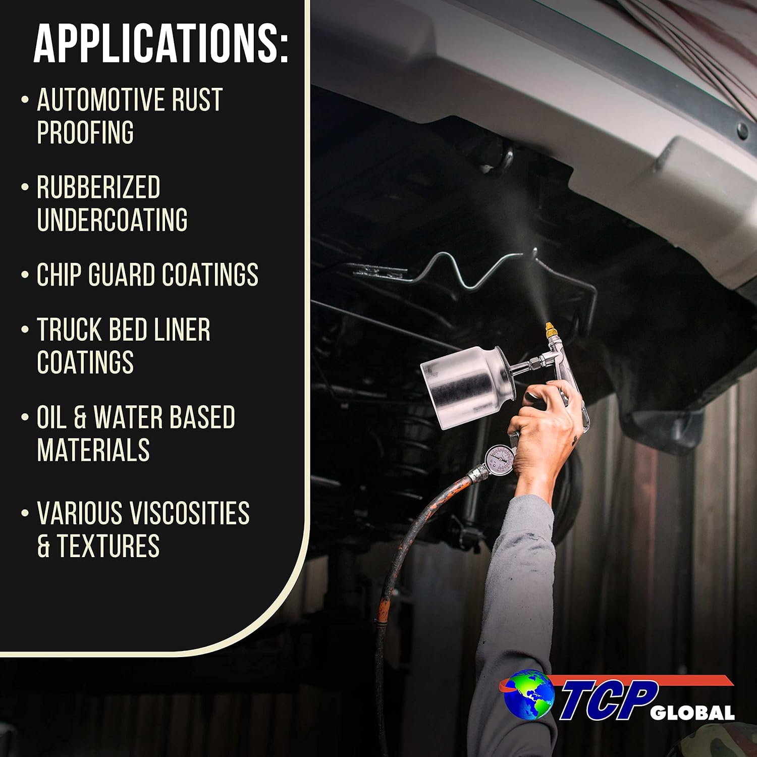 TCP Global Air Undercoating Spray Gun with Gauge, Suction Feed Cup & 2 Wands - 22" Long Flexible Extension Wand with Multi-Directional Nozzle - Sprayable Bed Liner, Rubberized Truck Undercoating