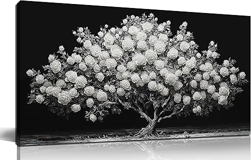 JuhaiArt Arte de pared de árbol de rosa blanca para dormitorio, decoración de pared negra, cuadro floral para dormitorio y oficina, 20 x 40 pulgadas