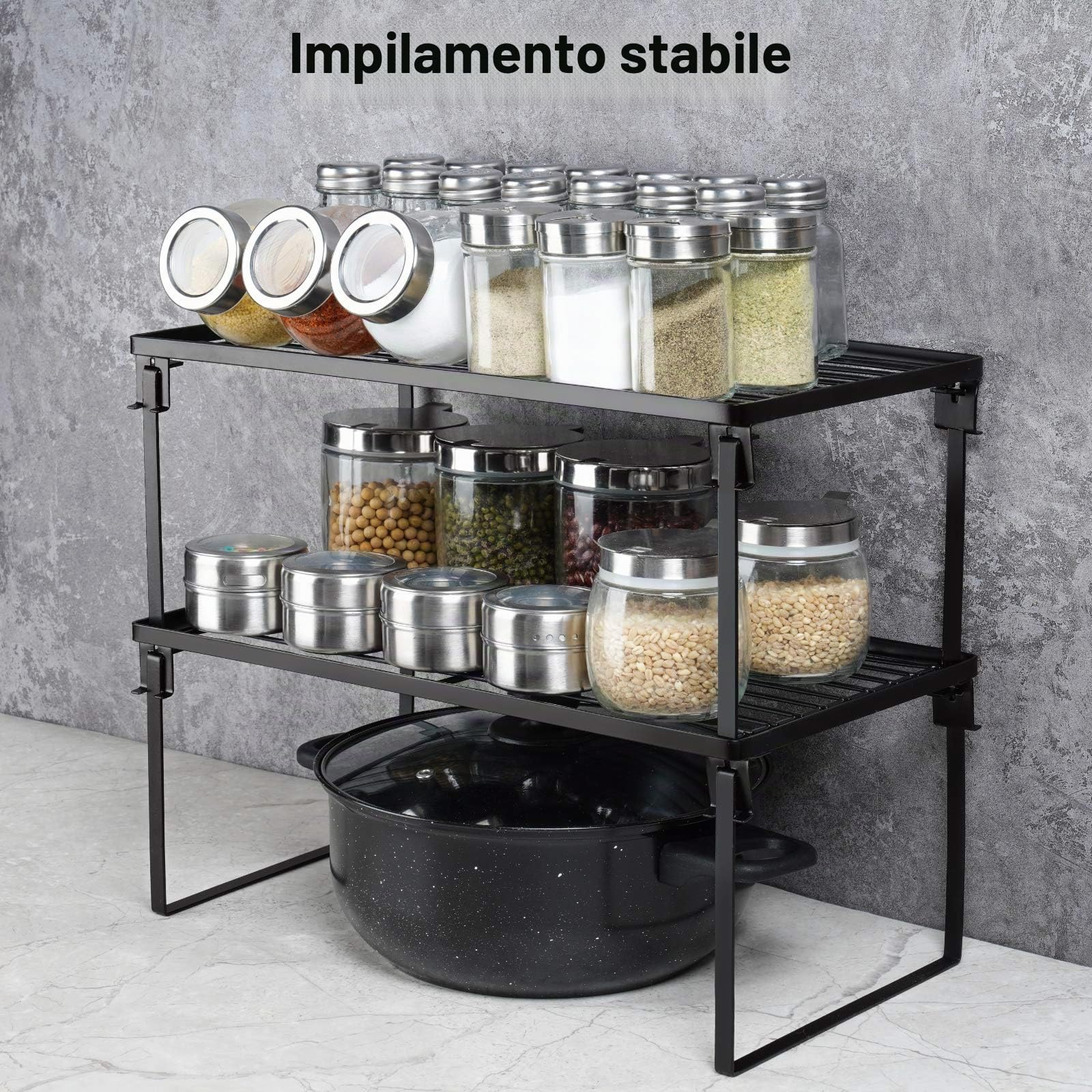 Tomorotec [Confezione da 2] Scaffale impilabile da cucina, scaffale pieghevole per spezie, mensole da cucina, bancone da cucina e scaffali, organizer per armadietti,