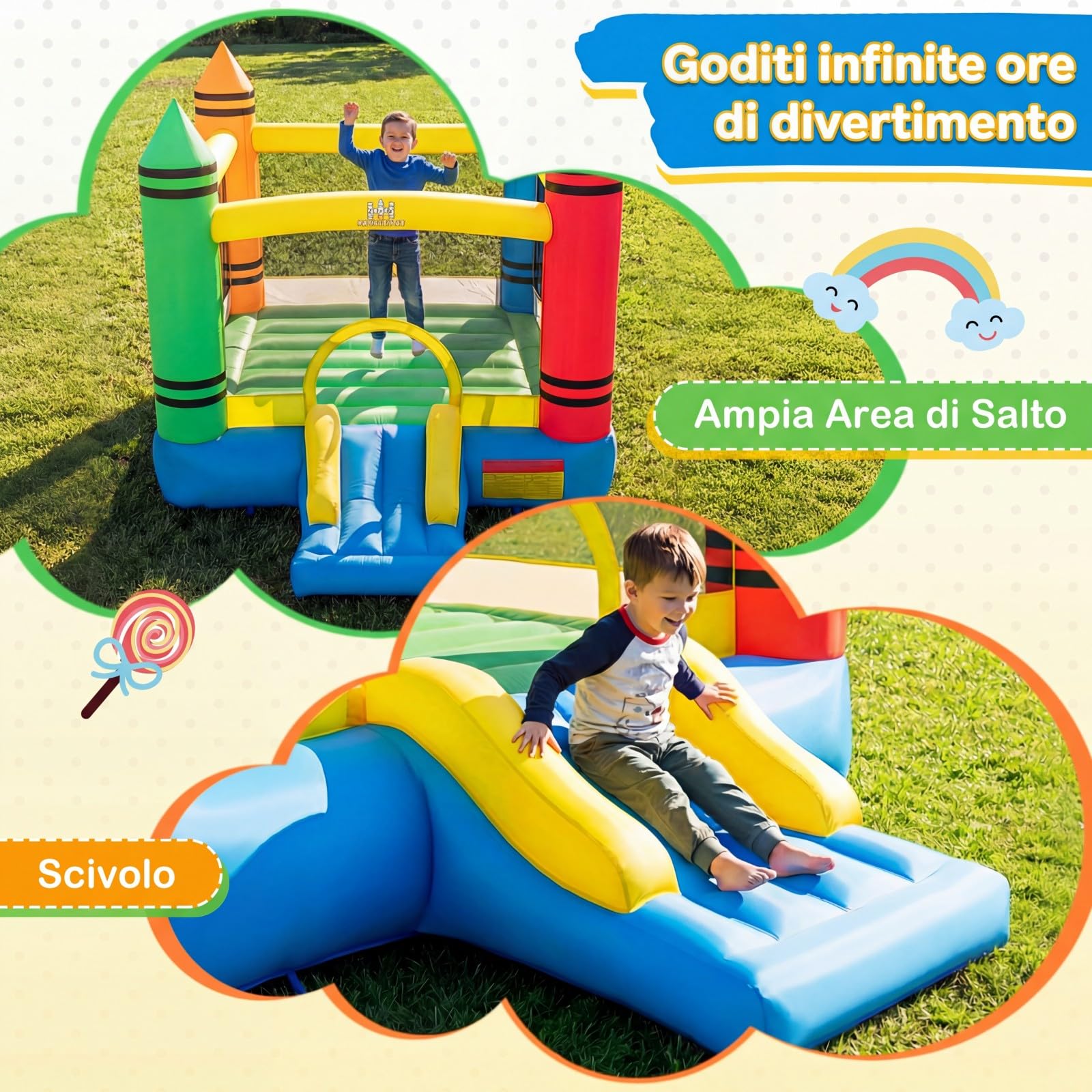 COSTWAY Castello Gonfiabile per Bambini, Casa Gonfiabile con Salto e Scivolo, Borsa di Trasporto e Kit di Riparazione, per 2 Bambini 3-12 Anni, Adatto per Esterno e Interno