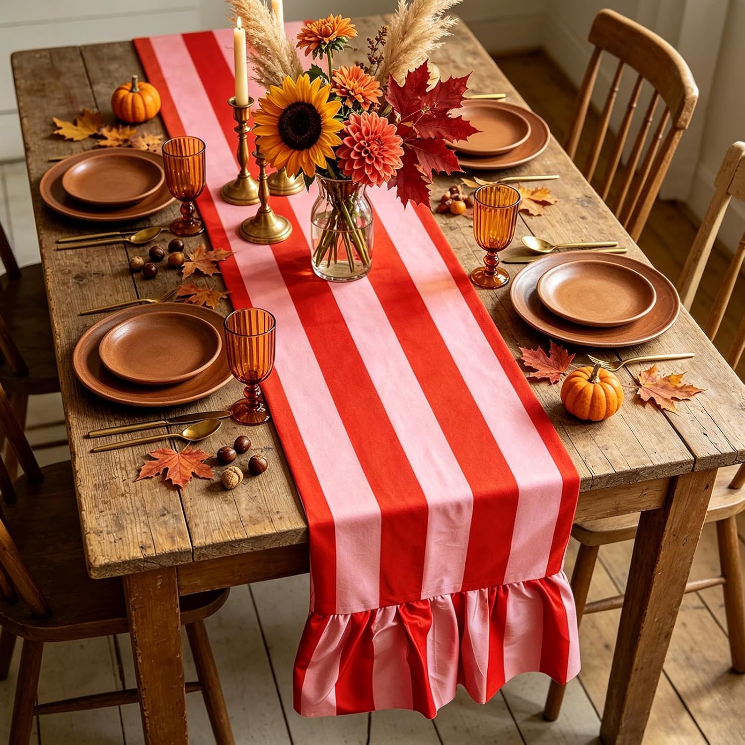 JarThenaAMCS Ruffle Table Runner Orange Pink Striped Rectangle Decorative Table Decoration for Farmhouse Home Kitchen Dining Baby Bridal Shower Wedding Party Decor, 13 x 72 Inch