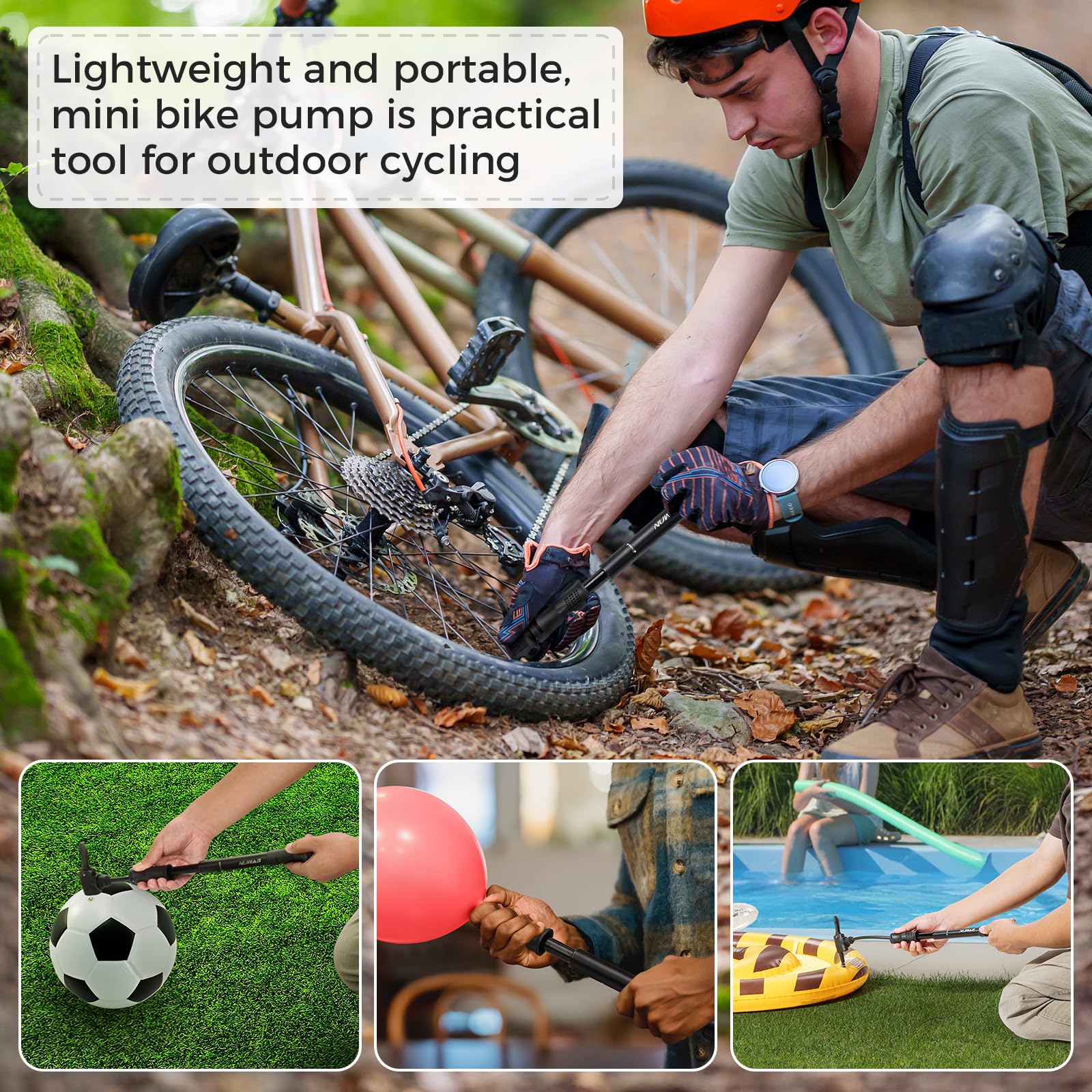 NUWAB Mini Bike Pump, 10 Inch Portable Hand Bicycle Pump, 100PSI, Support Shrader and Presta, Fast Air Out Ball Pump, Work with All Bikes and Balls, Swimming Ring, Come with Ball Needles, Nozzles