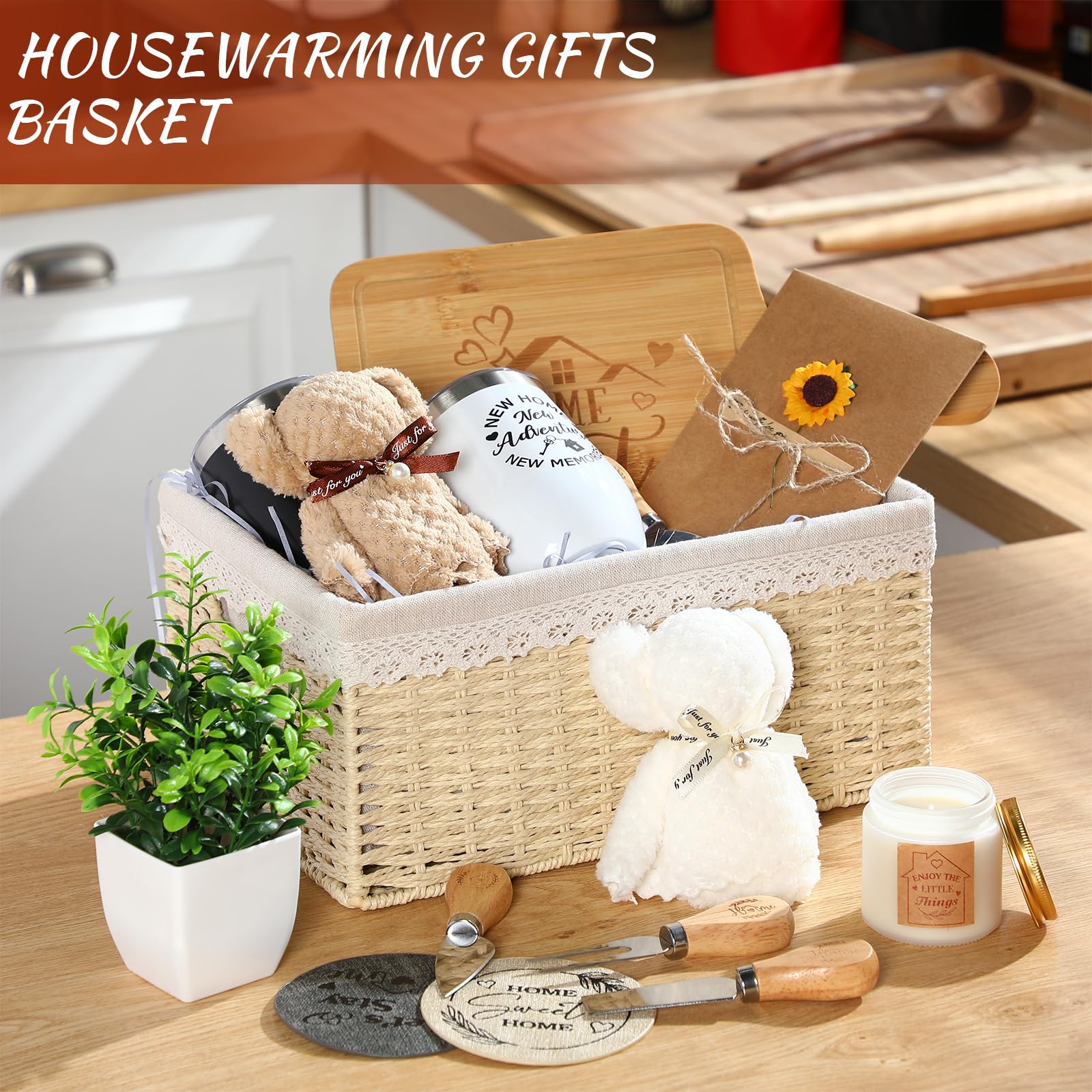 Cesta de regalo de inauguración de la casa, 21 piezas, regalos de inauguración de la casa para el nuevo hogar, apartamento, hogar, regalos de cierre para compradores de vivienda, parejas