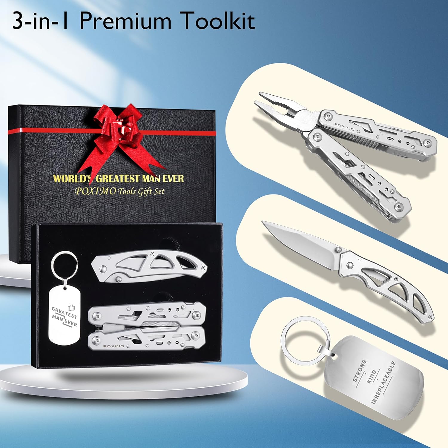 Multitools Gift Set for Men, 14-in-1 Multi-tool Pliers & Folding Knife Set with Keychain Tag, 3-Piece EDC Kit for Camping, Hiking - Premium Gift Box for Birthday, Christmas, Father’s Day