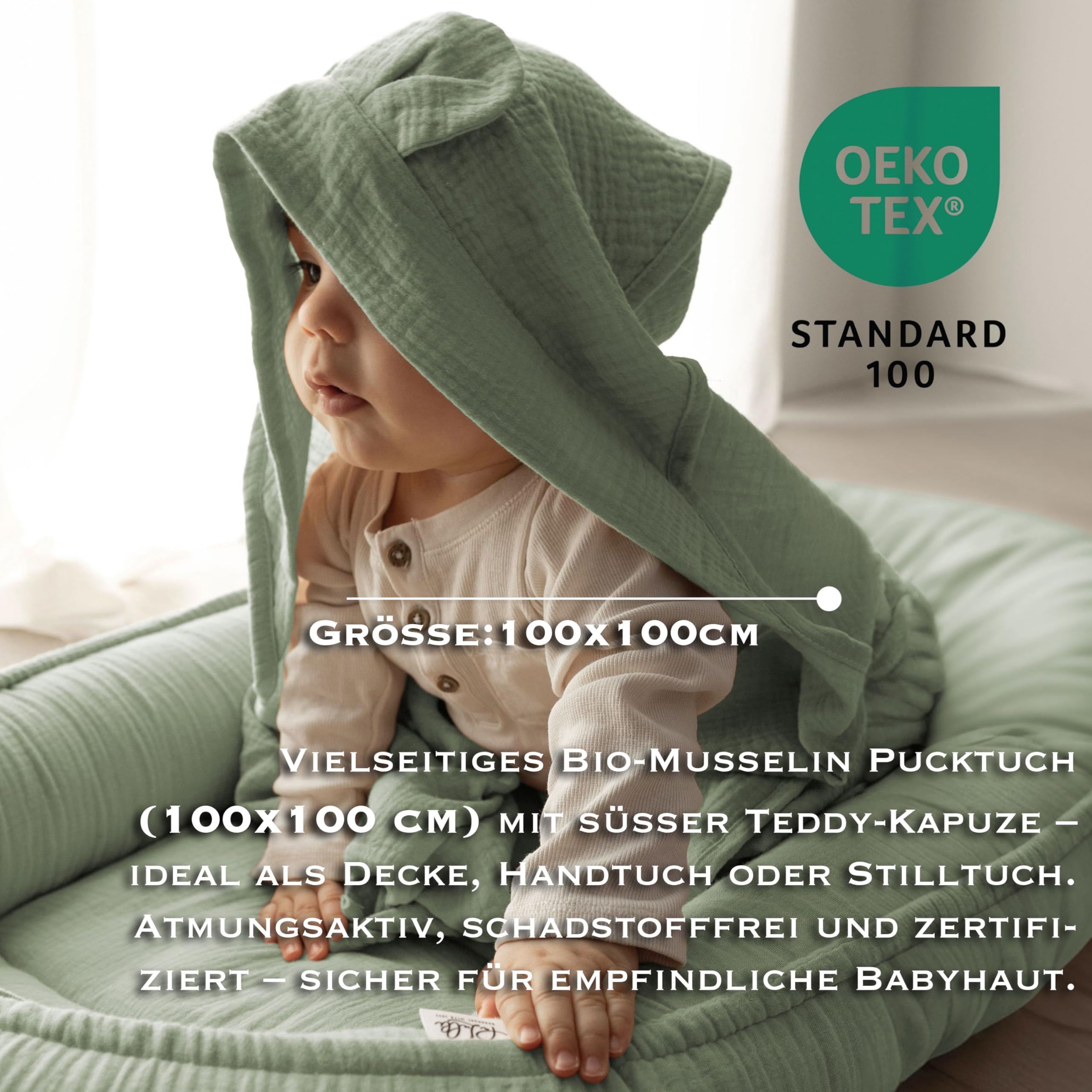 PaLulli® 2-stronne muślinowe gniazdo niemowlęce z chustką, oddychający muślin – ręcznik z kapturem i wszytymi uszami, 100% muślinu Oeko Tex, przytulne gniazdo kokon do łóżeczka dziecięcego (szałwia