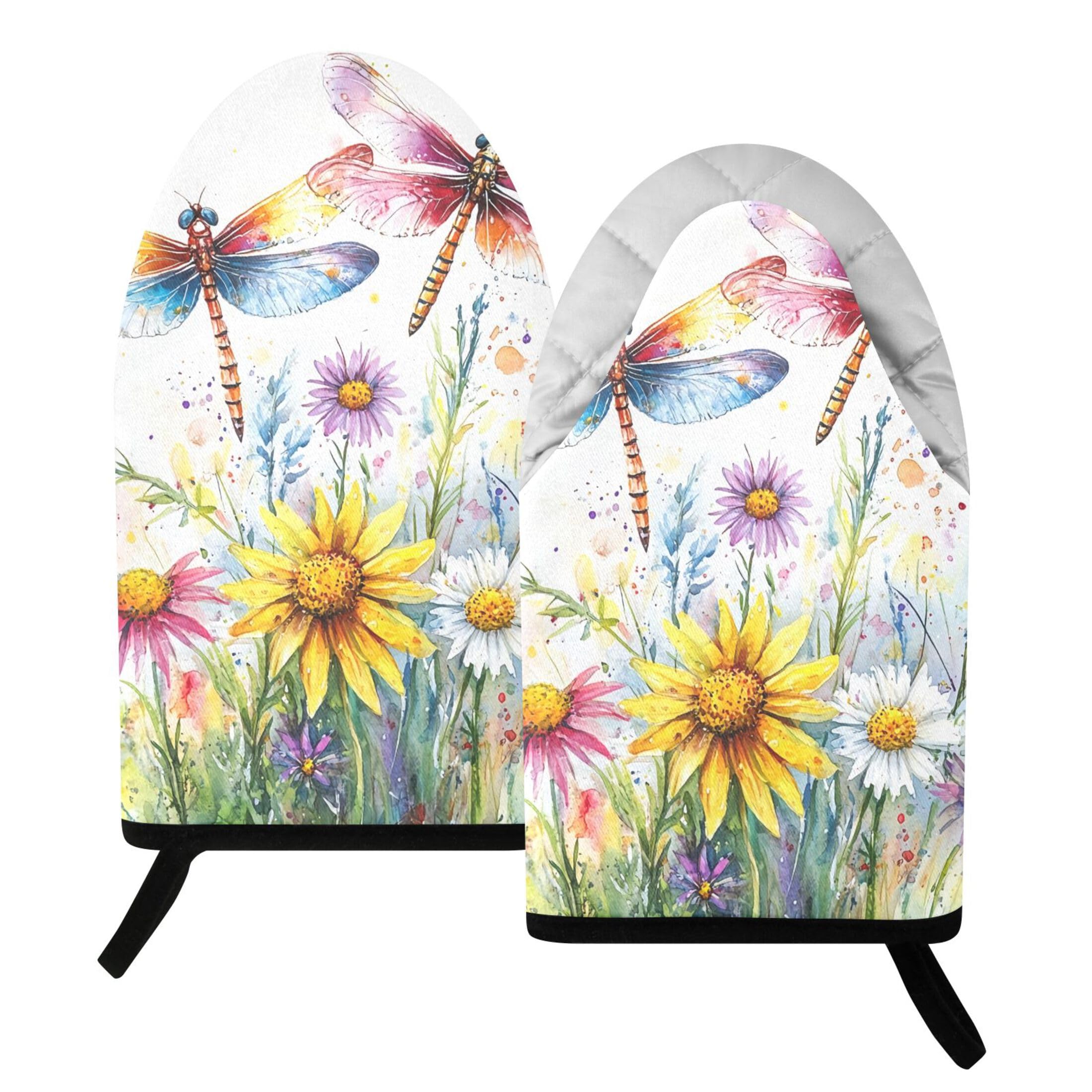 Kutsu Dragonflies Flowers Oven Mitts for Kitchen, Heat Resistant Cotton Oven Gloves for BBQ Baking Cooking, Breathable Kitchen Essentials, 2 pcs