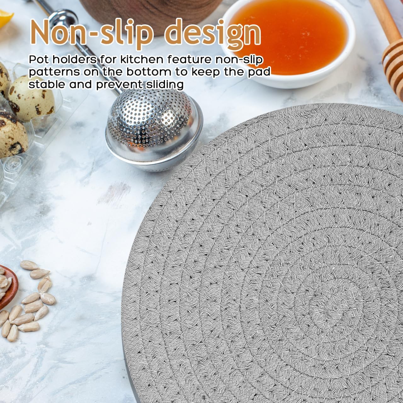PRETYZOOM Heat Resistant Round Placemats Set of 6 with Basket, 8.85 Inch Cotton Rope Coasters for Dining Table, Kitchen, Coffee Table