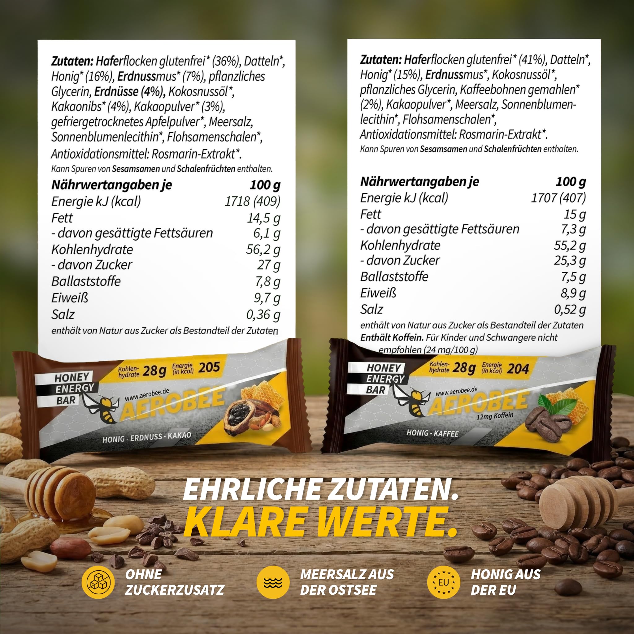 AEROBEE Energieriegel Probierpaket – 2x Honig, Erdnuss & Kakao + 2x Honig & Kaffee (12 mg Koffein) – Haferriegel ohne Zuckerzusatz – Natürlicher Powerriegel für Sport, Wandern & Büro – 4 x 50 g