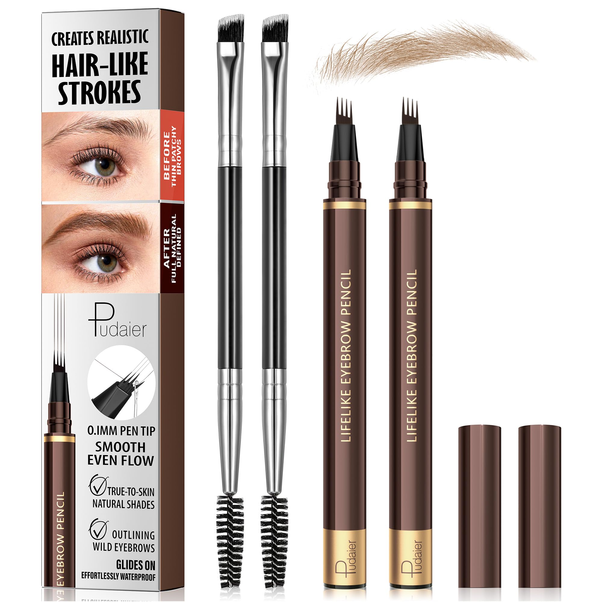2 Pack 4-Tip Microblading Eyebrow Pen with 2 Brow Brushes, Waterproof Vegan Formula Eyebrow Pencils for Women to Effortlessly Create Natural Hair-Like Strokes, All-Day Wear (Medium Blonde)