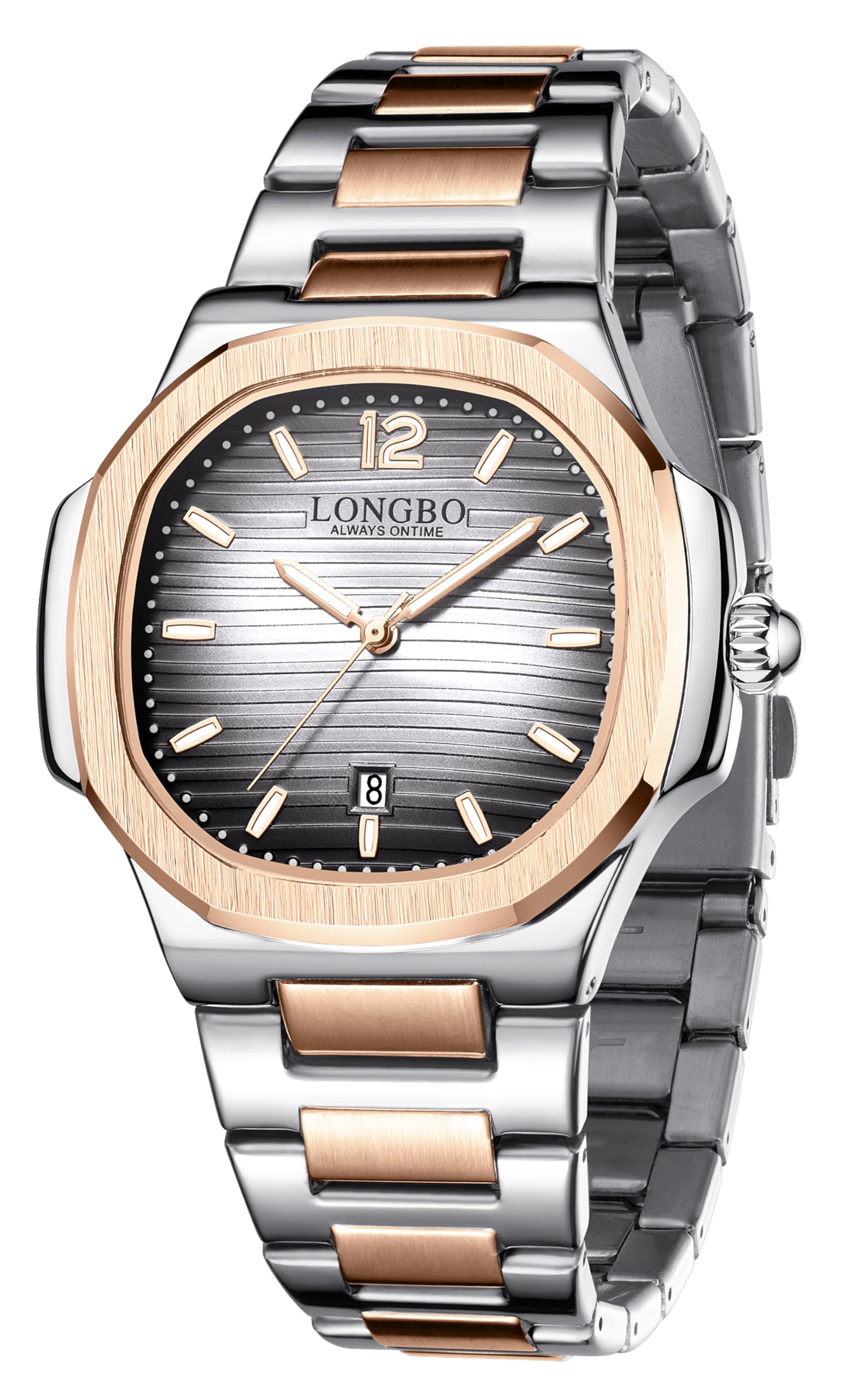 LONGBOAurelius Analog Watch for Men, Octagonal Case, Brushed Dial, Stainless Steel Band, Luminous 30 M Water Proof, Date Display Mens Watch | Gift for Men