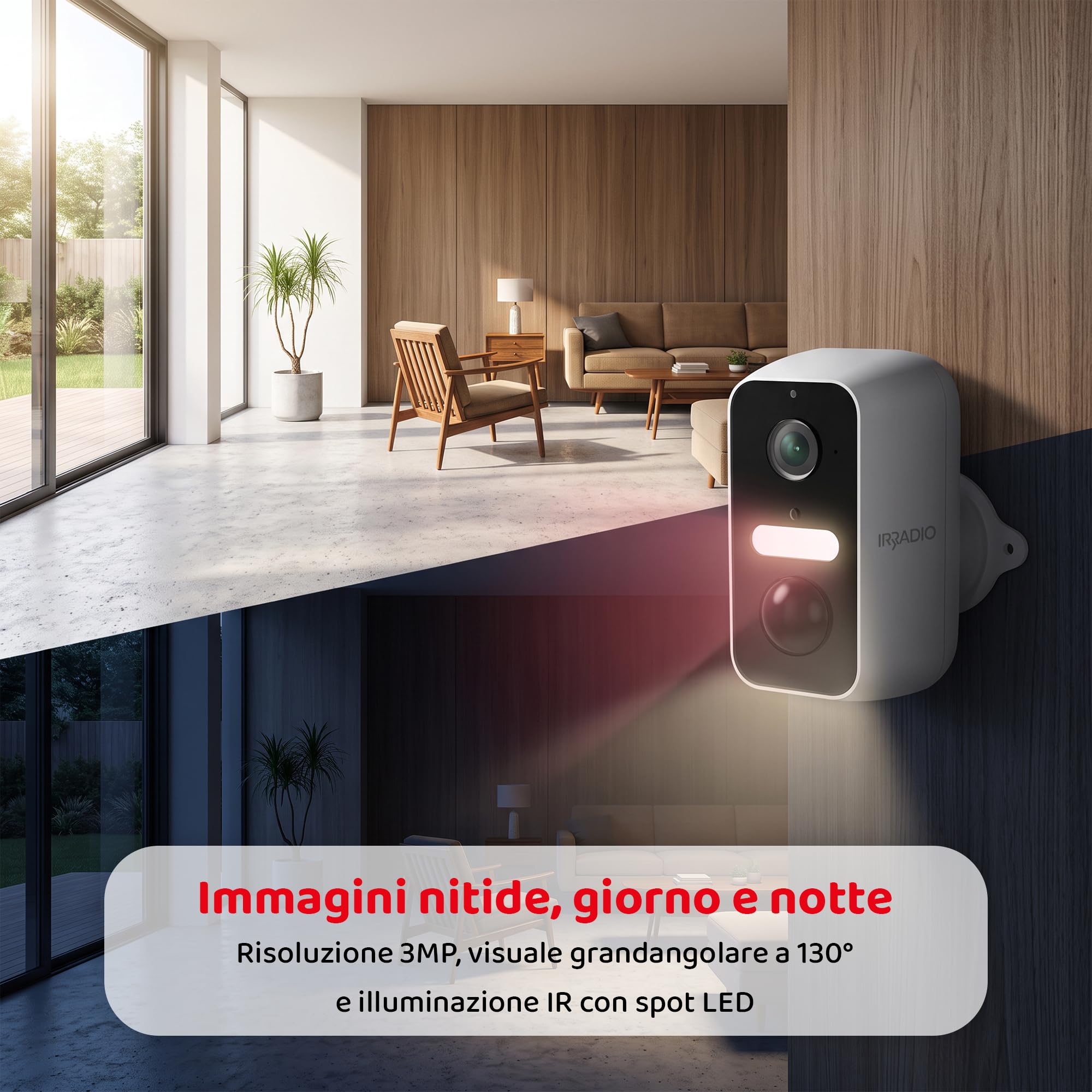 IRRADIO | Telecamera WiFi da Esterno e Interno a Batteria, 3MP, Telecamera di Sicurezza Smart WiFi con Sensore PIR e AI Rilevamento Umano, Visione Notturna, Compatibile Alexa e Google Home