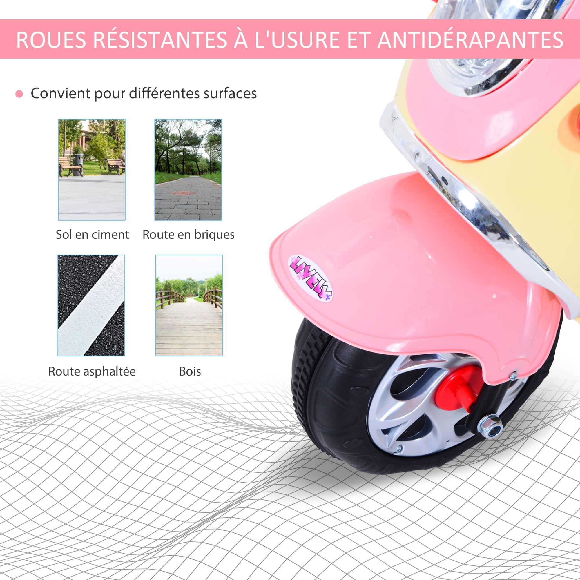 HOMCOM® Scooter Électrique 6 V pour Enfant 108 x 51 x 75 cm Rose/Blanc | 3 Ans, Métal + Polypropylène