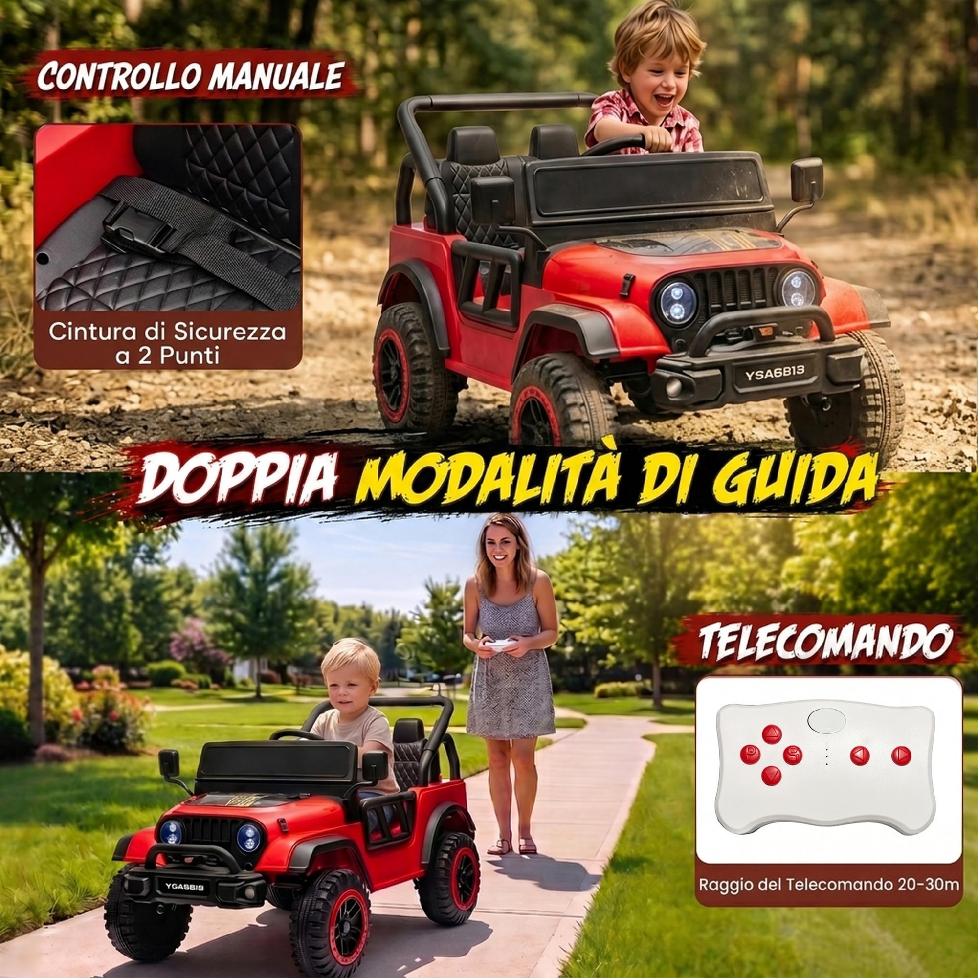 AIYAPLAY Macchina Elettrica per Bambini Fuoristrada 12V Telecomando, Rosso