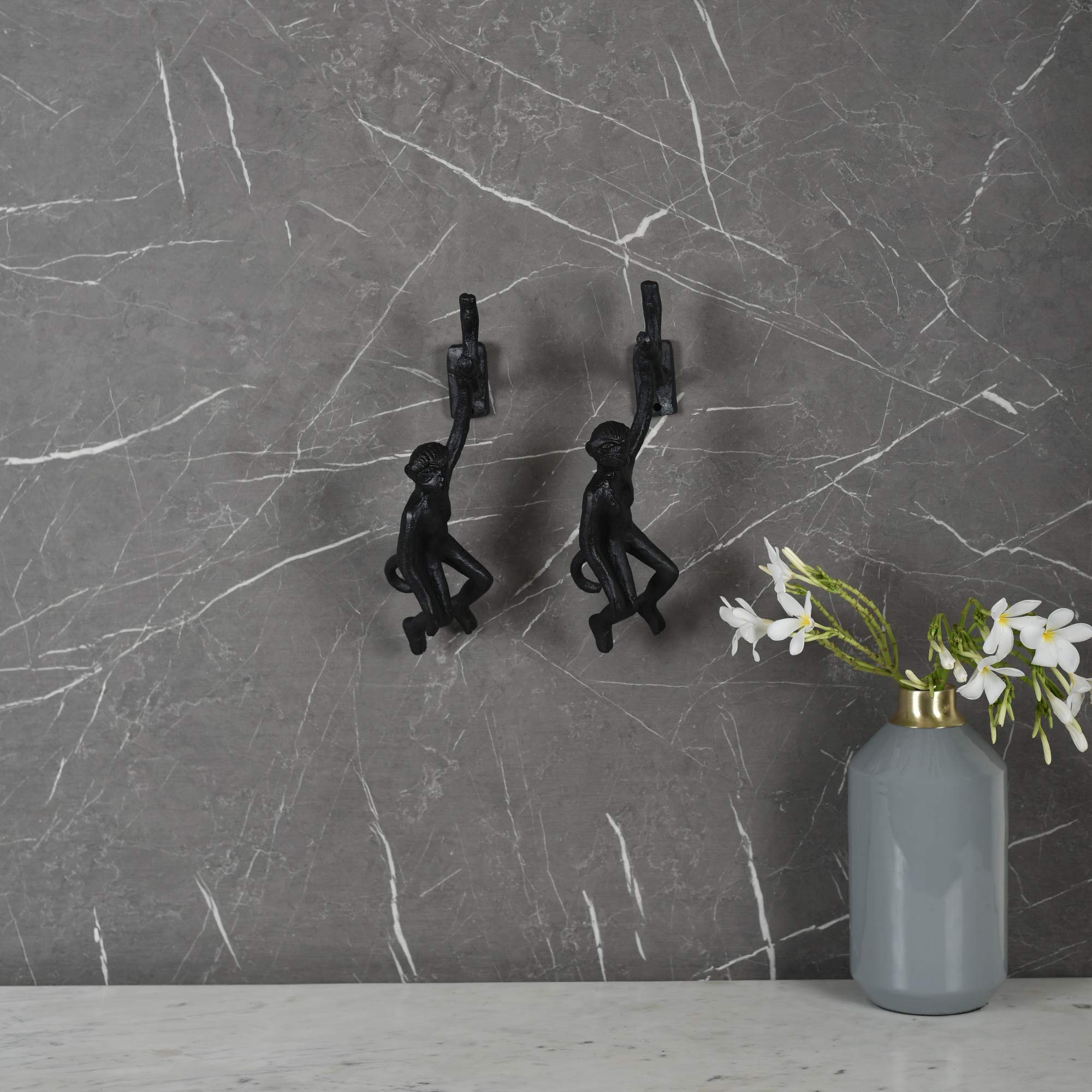 MANOR HOUSE Iron Finish Monkey on Wall Sculpture 3D 12 inches Set of 2