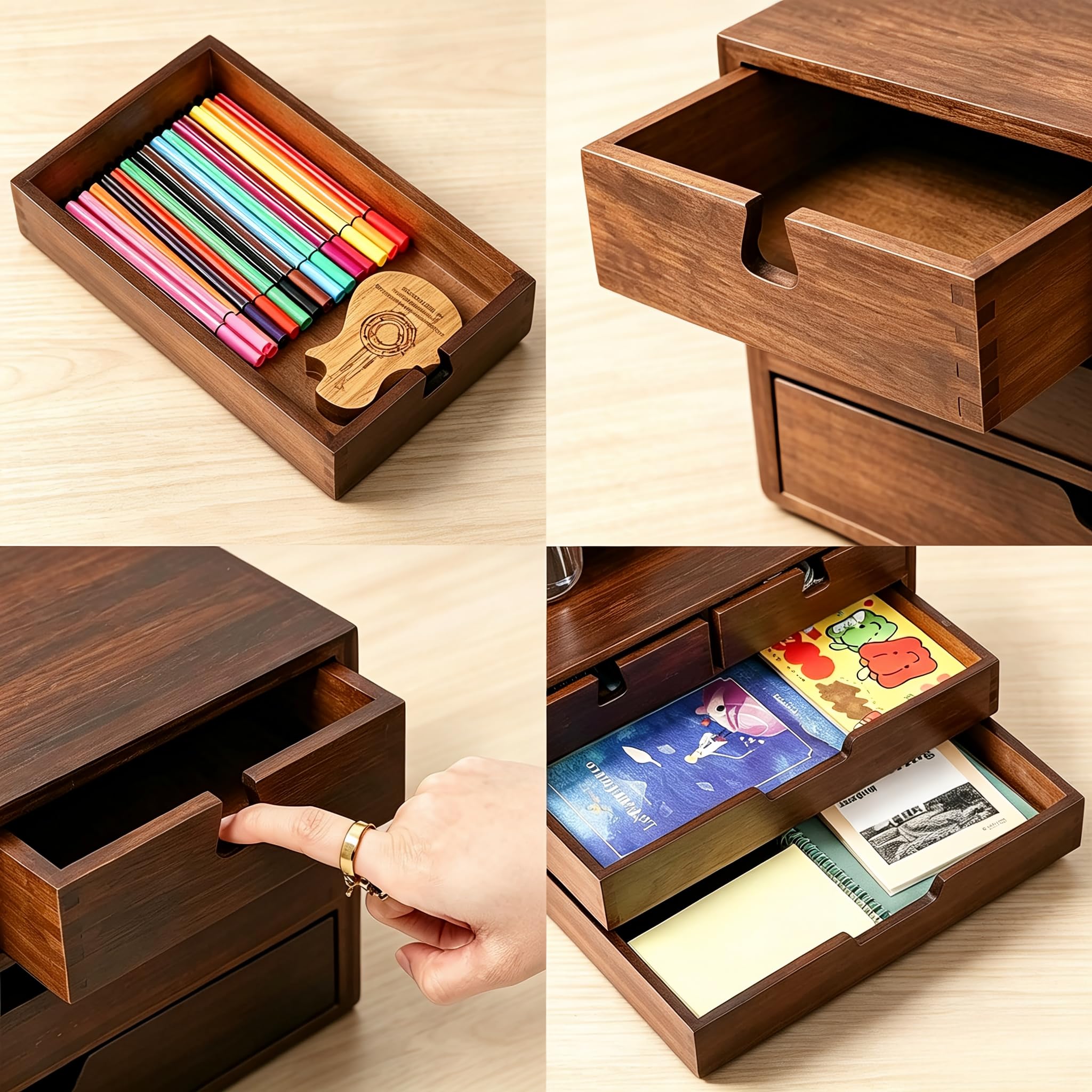 DEAYOU Bambus-Schreibtisch-Organizer, 100% natürlicher Bambus, Schreibtisch-Organizer, dunkelbraune Tisch-Aufbewahrungsbox mit 4 Schubladen für Make-up, Briefe, 3 Ebenen, vollständig montiert