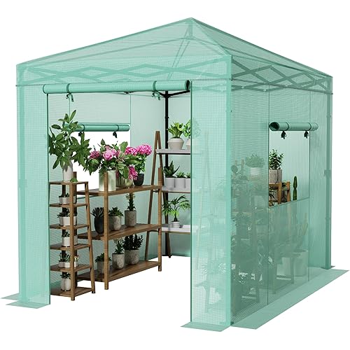 Greesum 8x6 FT Portable Pop-up Greenhouse with Center Lock, PE Cover, Zippered Door and 2 Roll-up Windows, Easy Assemble(Green)