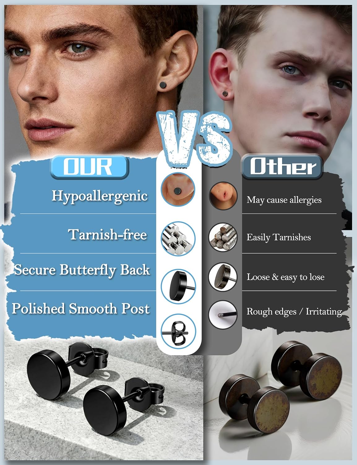 Kakonia 6 Pairs Black Stud Earrings for Men Women Hypoallergenic 316L Stainless Steel Earrings Studs Comfortable Mens Earring Set for Sensitive Ears Waterproof Black Jewelry Size 3/4/5/6/7/8 mm