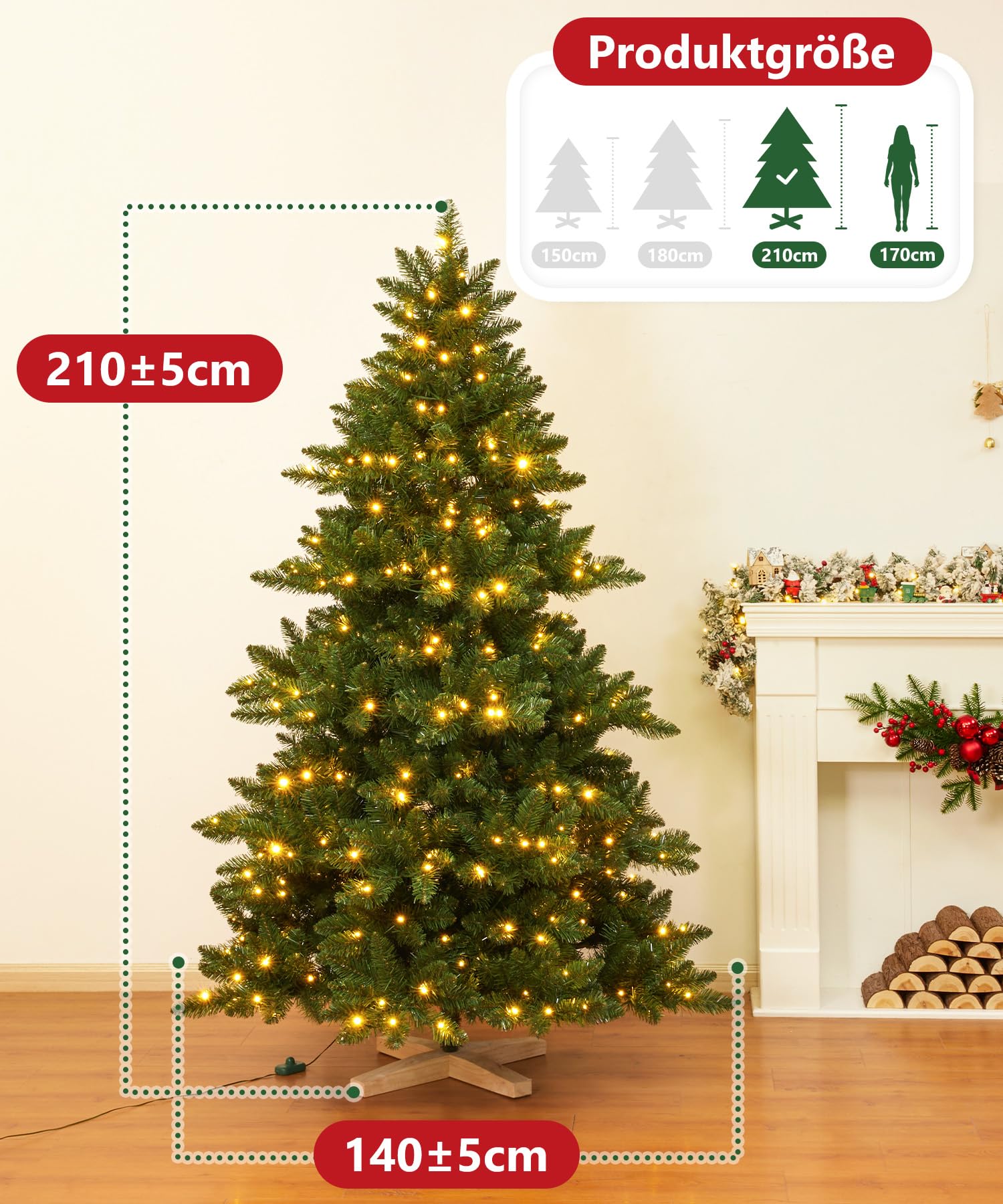 Yorbay Árbol de Navidad Artificial con iluminación LED: PVC Artificial con Soporte de Madera para decoración navideña, Ideal para Ambiente Festivo (210 cm)