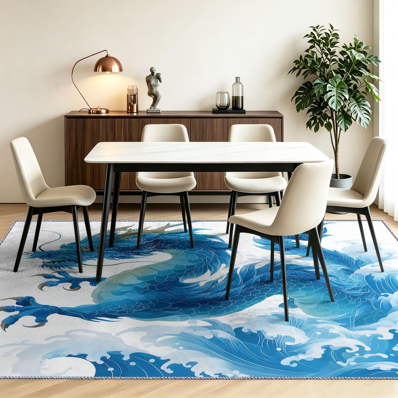 Tapis Large Blanc 150 x 210 cm Lavable, Tapis Peinture Animale Dragon Vagues Océan, Antidérapant, Poils Courts Rug, Non-Fussel, Résistant pour Salon, Chambre, Bureau et Salle à Manger