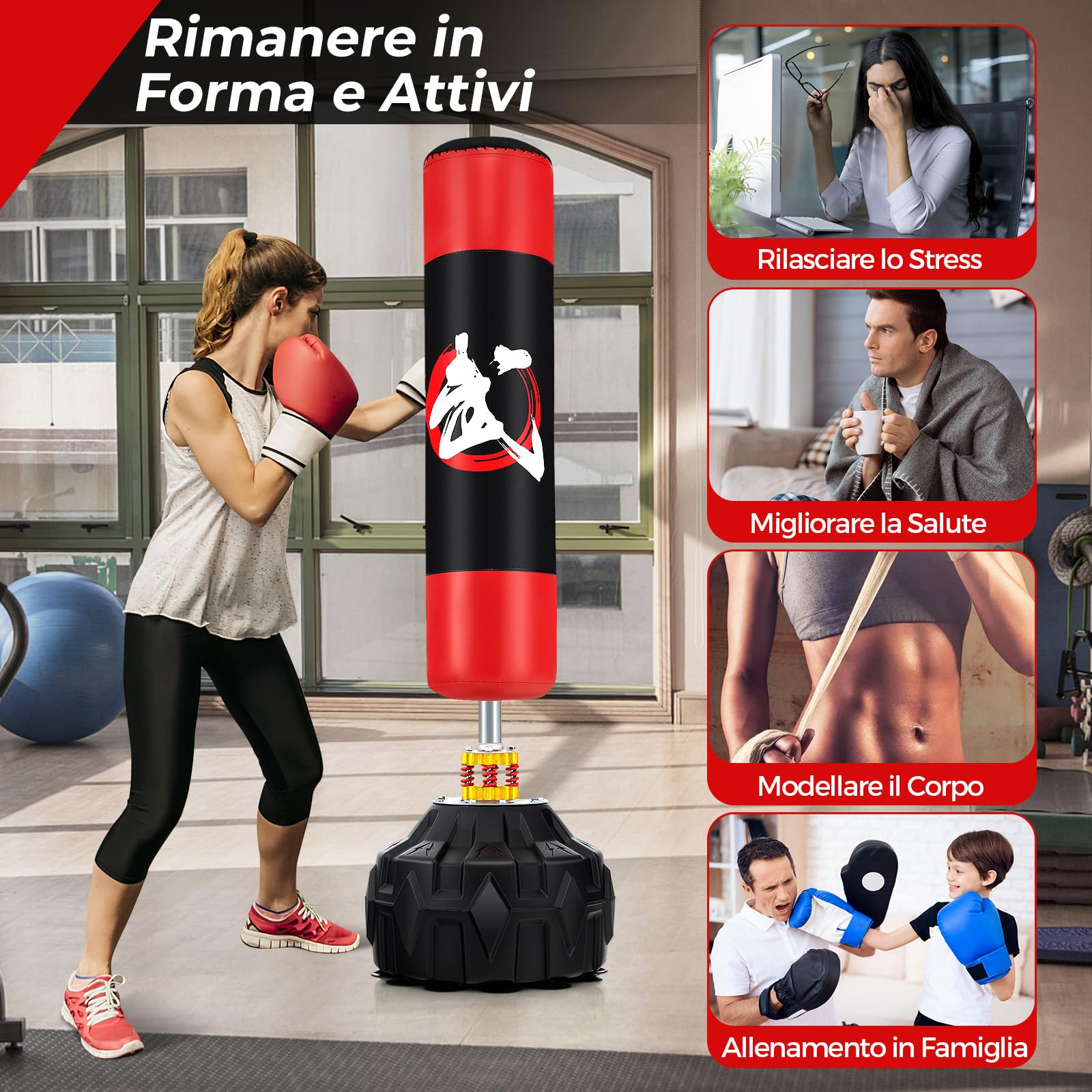 COSTWAY Sacco da Boxe da Terra, Pungiball Autoportante con Base Riempibile, 12 Ventose e Ammortizzatori per Adulti e Adolescenti, Punching Ball in Piedi per Allenamento in Casa e Ufficio