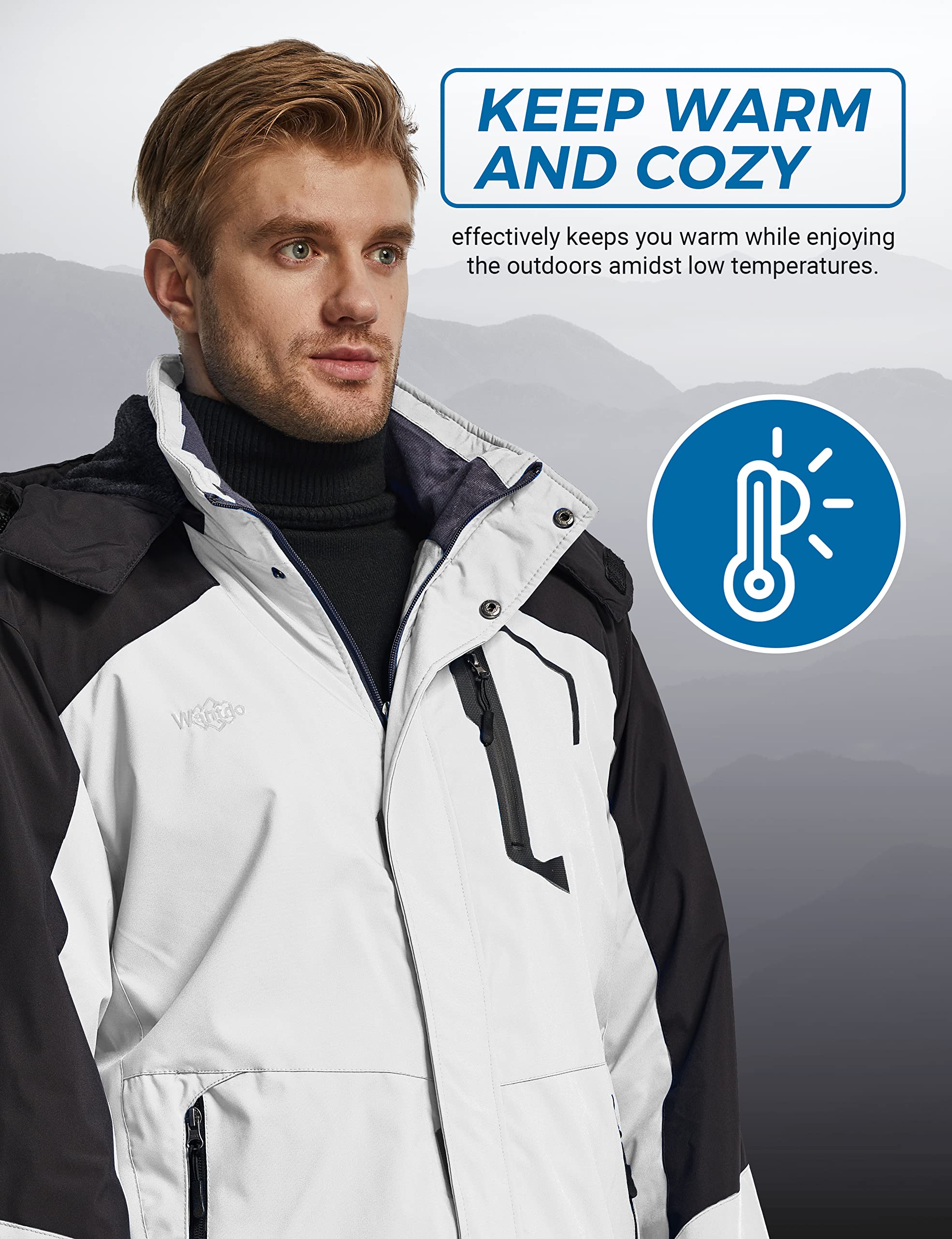 Wantdo Giacca da Sci Montagna Calda Invernale Parka da Neve Imbottita Cappotto da Snowboard in Pile Giubbotto con Cappuccio Impermeabile Uomo