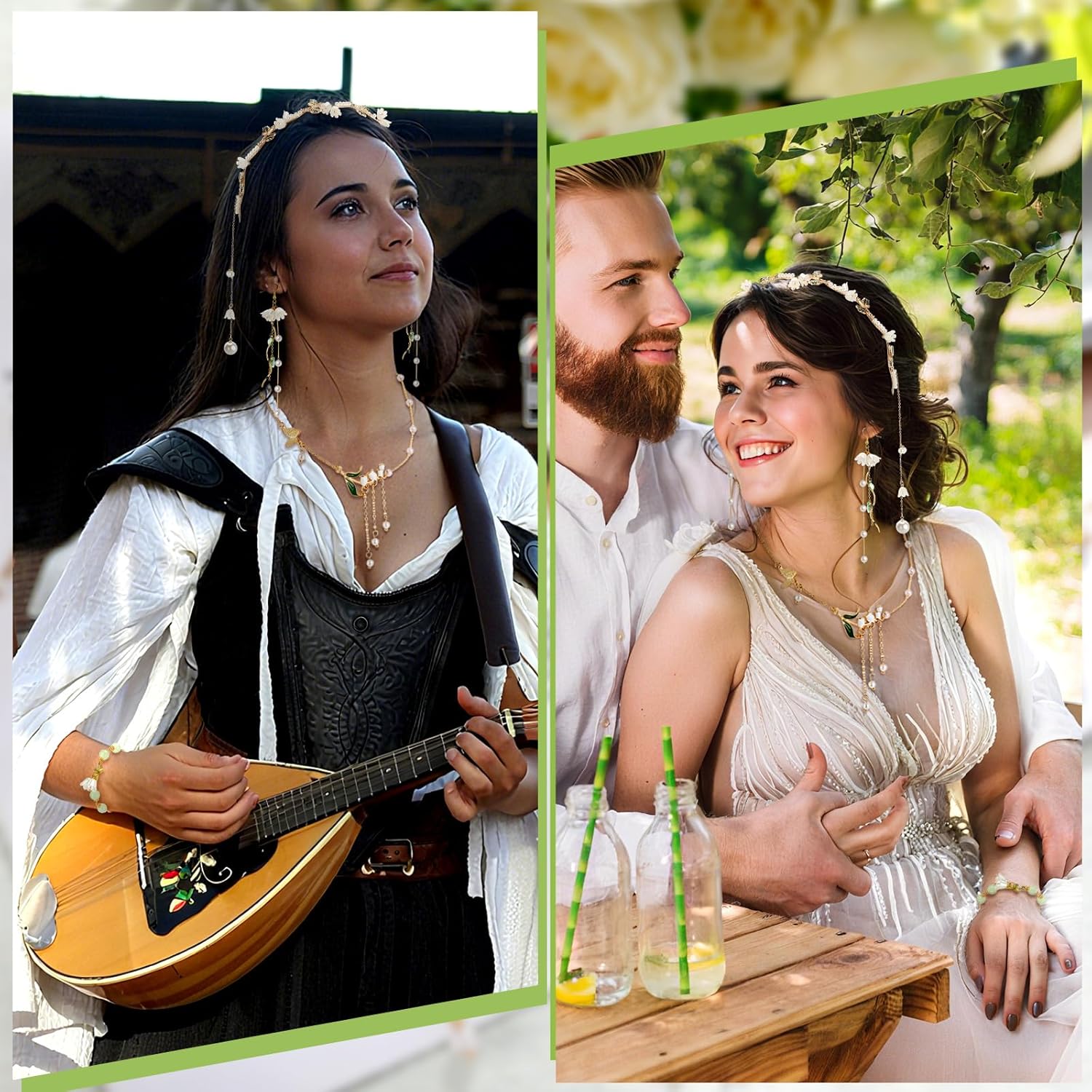 Quelay 4 Pcs Lily of the Valley Fairy Jewelry Set Flower Necklace Bracelet Renaissance Earrings Headband Floral Headdress - Image 2