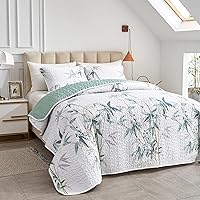 Vista 2 de Juego de colcha de 2 piezas de diseño botánico reversible para cama twin, hojas color verde sobre fondo blanco, cubrecama suave y ligero