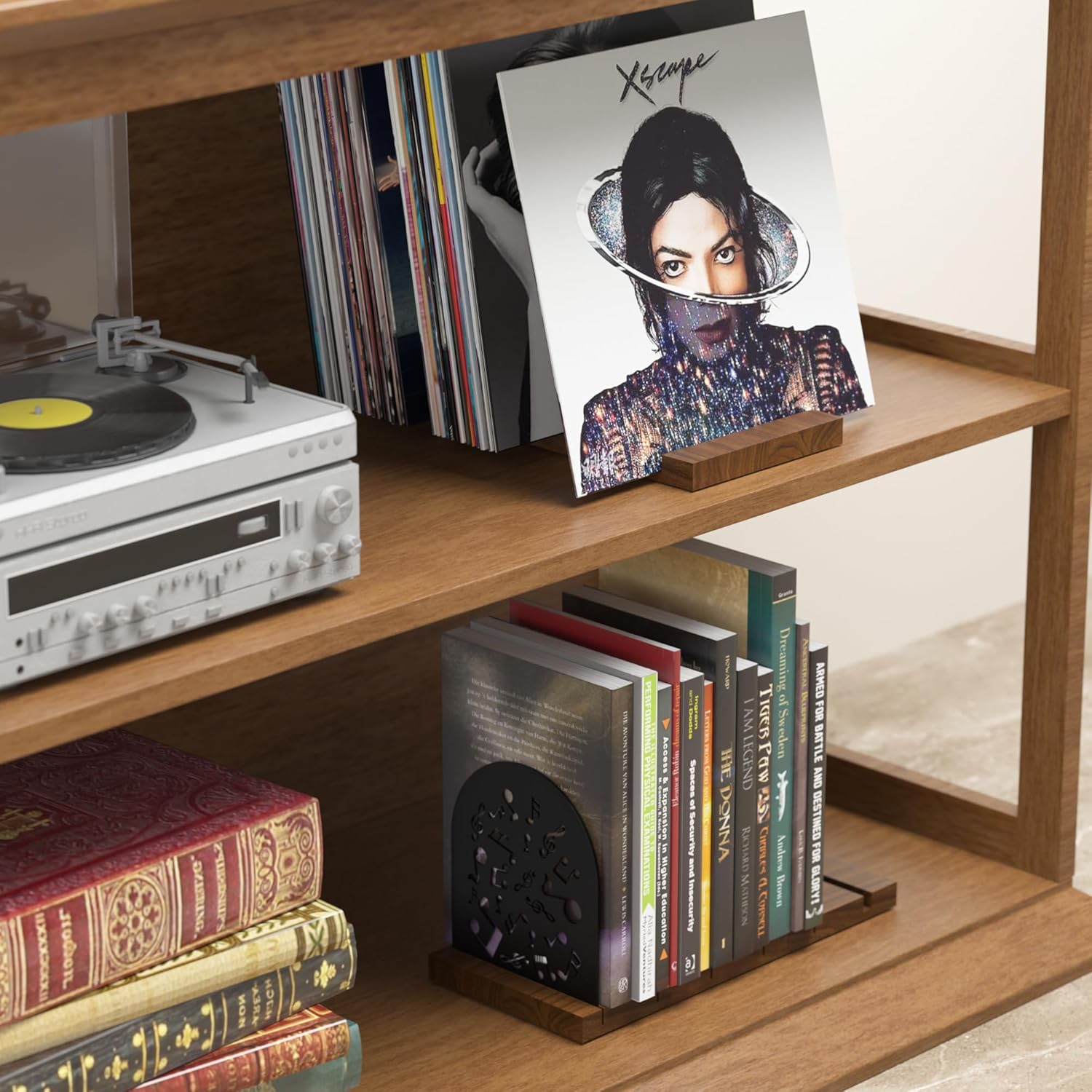 Vinyl Record Storage, Walnut Record Holder for 70-100 LP, Solid Pine Wood Vinyl Holder Record Stand, Sturdy Organizer Display Shelf for Collectibles, Album Covers (Walnut)