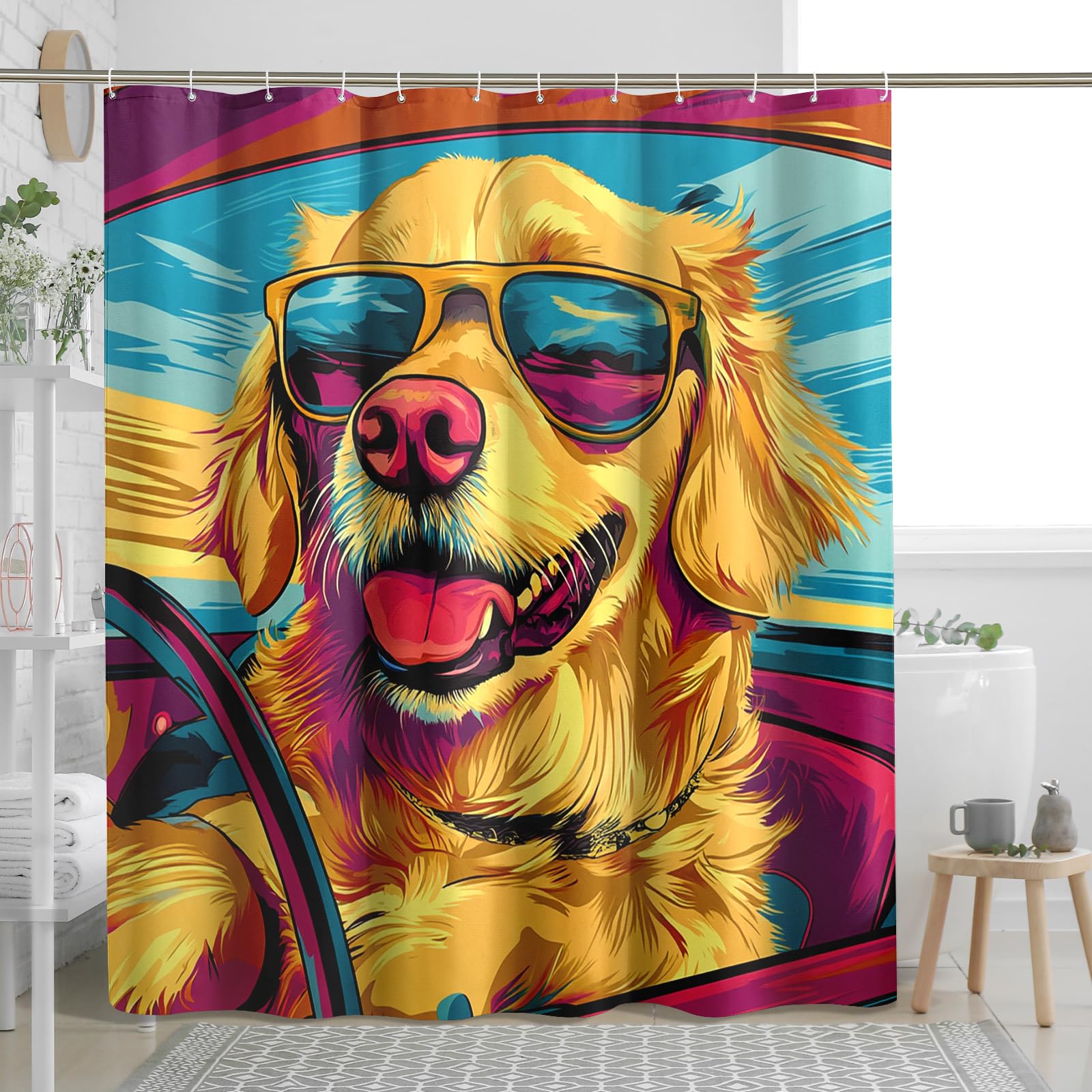 Fun Golden Retriever Dog Shower Curtain Set, Pop Art Chien Shower Curtain, Puppy Bathroom Accessories, Printed Pattern Decorative -72 Inch
