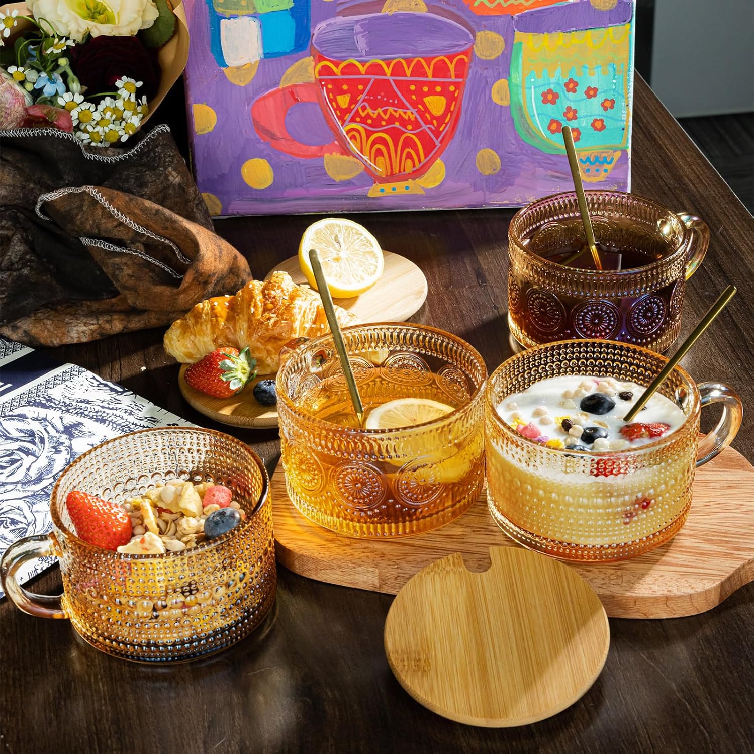 Ollieroo 4pcs Coffee Cups,Vintage Coffee Mugs, Overnight Oats Containers with Lids and Spoons, 14oz Coffee Glasses, Drinkware Set for Iced Coffee,Yogurt,Milk,Tea,Coffee Bar Accessories,Amber