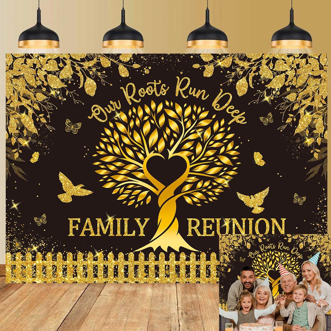 Amazon.com : Family Reunion Backdrop Glitter Black Gold Dots Members ...