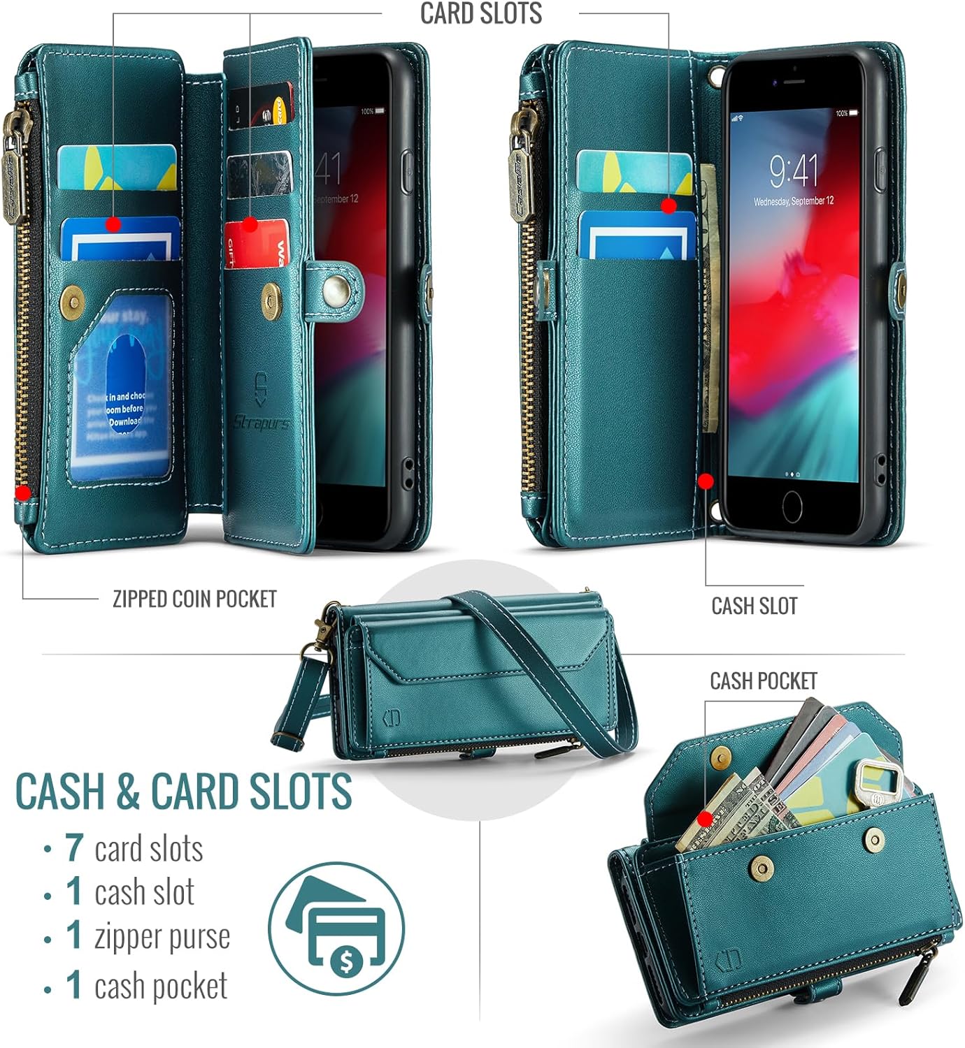Strapurs Crossbody Wallet Case Compatible with iPhone SE/7/8 RFID Blocking 7-Card Holder Soft PU Leather Magnetic Snap Shoulder Strap Zipper Pocket Phone Cases Fit for iPhone SE 2020 2022 - Blue Green