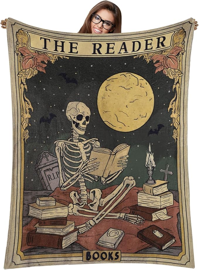 Book Lovers Gifts Throw Blanket 60 x 50 Inch Reader Blankets Christmas Book Club Horror Gifts Basket Stuffers for Women Xmas Bookworm Bookish Librarian Reading Basket(Skeleton)