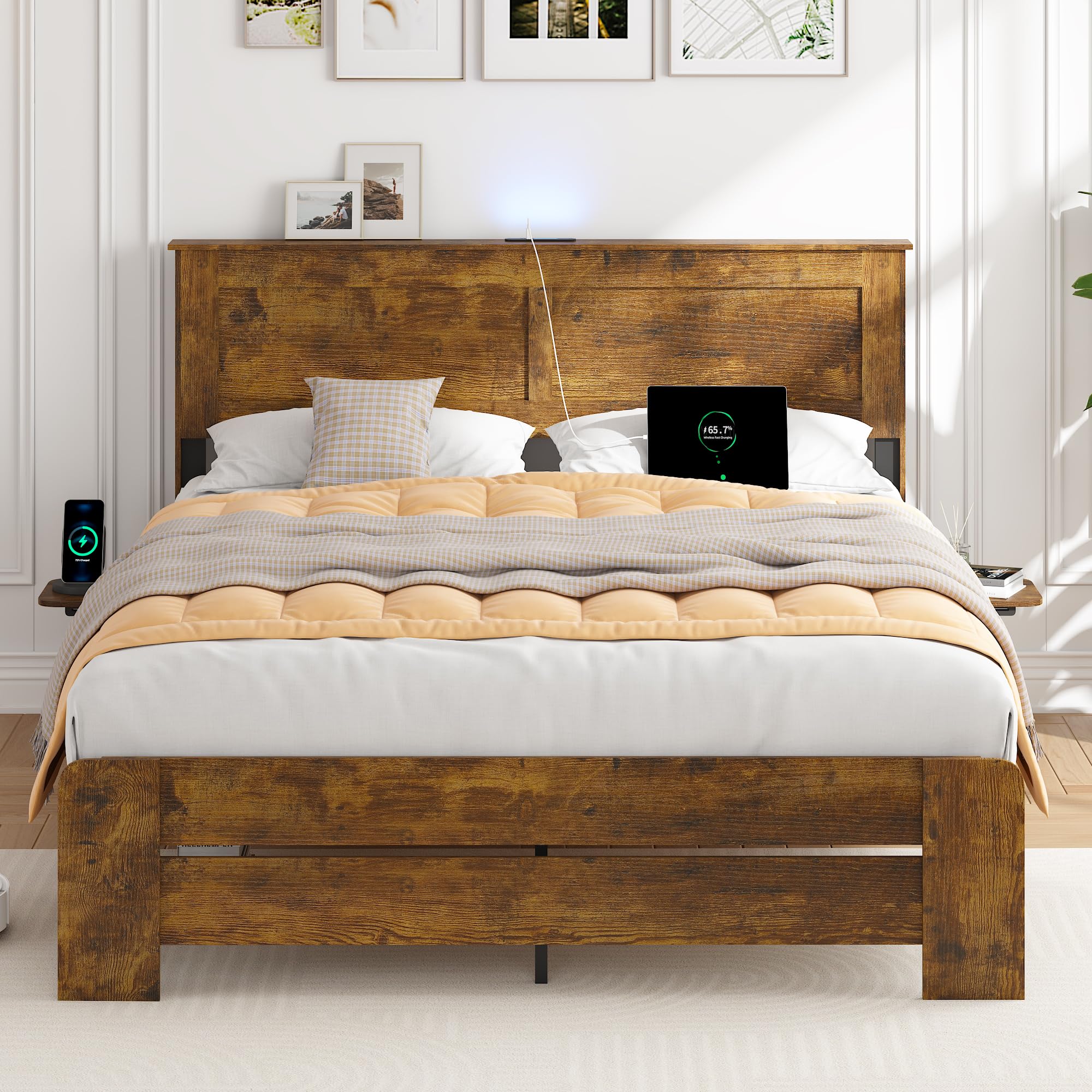 Bellemave Rustic King Size Bed Frame with Charging Station and Headboard,Wooden Platform Bed Frame King Size with Foldable Side Table,LED and Wood Slats,Easy Assembly,Antique Natural