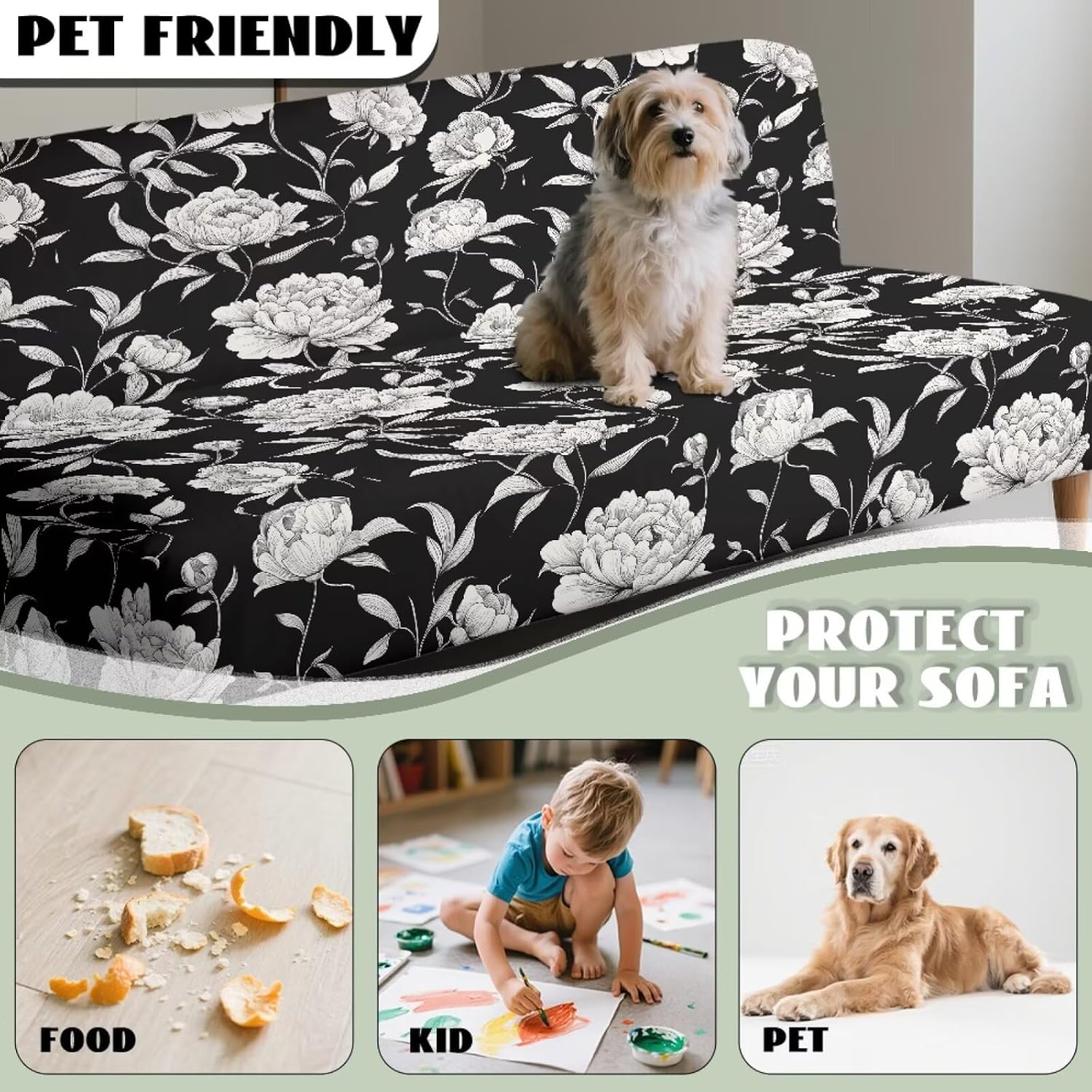 Futon Cover Washable Stretch Armless Sofa Cover Futon Slipcover Without Armrests Stain-Resistant Furniture Protector for Folding Sofa Bed Decor, Flower Black