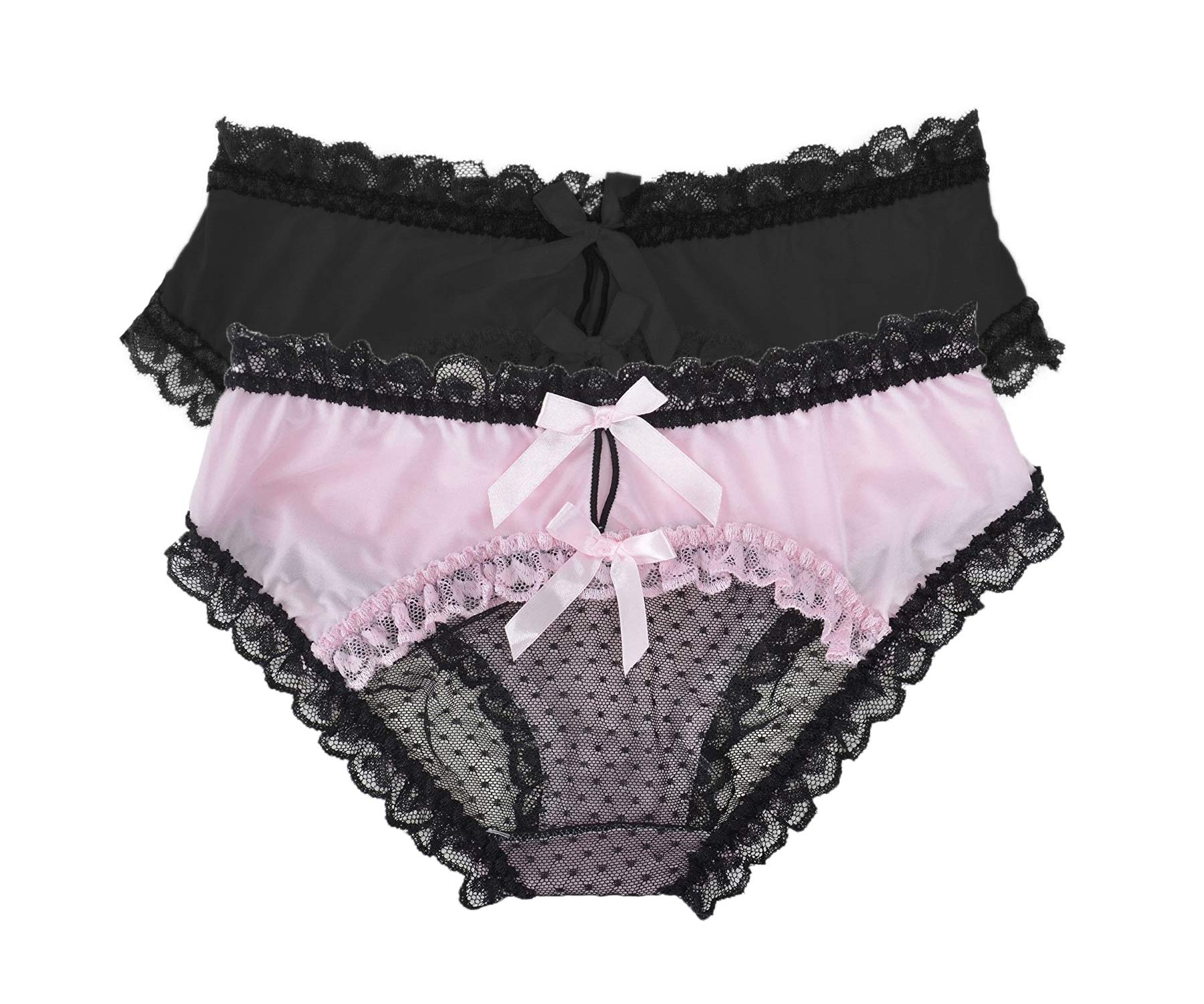 Women's Sexy Lace Panties Bowknot Briefs Hipster Mesh Knickers Midnight Lingerie Underwear - Large 2 Pack(black & Pink)